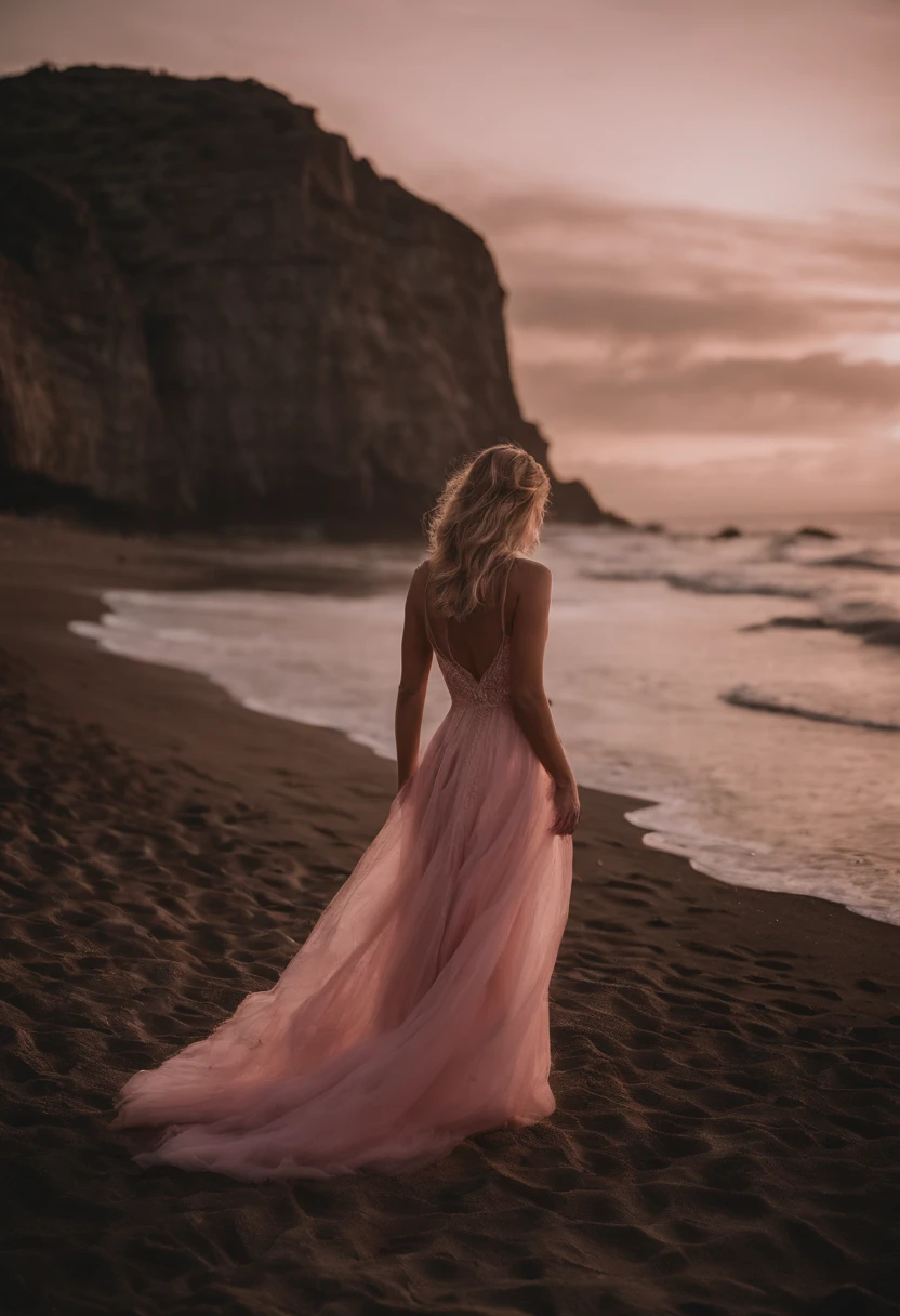 absurdo, fotorrealista, ultra realista,........3D, Artstation, CGSociety, 5,000k, Award-winning photograph of a beautiful blonde woman with her back to the beach at night with a full moon in the background between the clouds, cheekbones, Cara detallada, Bejeweled, Total desnudo, caderas anchas, pechos grandes, Thicc, Midriff liso, Gran espacio entre muslos), coloreado, Vibrante, Vagina rosa realista y rosa afeitada.
