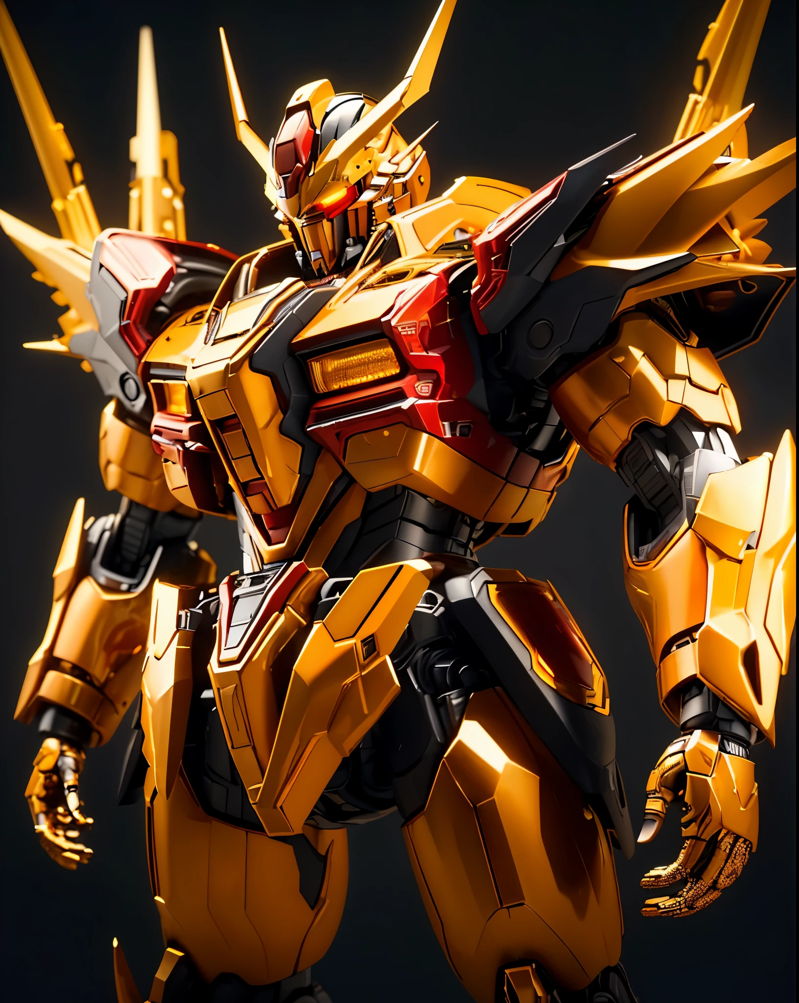 ((masterpiece)), (((best quality))), ((ultra-detailed)), ((illustration)), dynamic angle,yellow,gold body,black,red,transparent background, cowboy shot, ((solo)), mecha, looking at viewer,standing, weapon,v-fin,(from side), mechanical head, Cannon,glowing, spikes, ((from above:1.2)),realistic