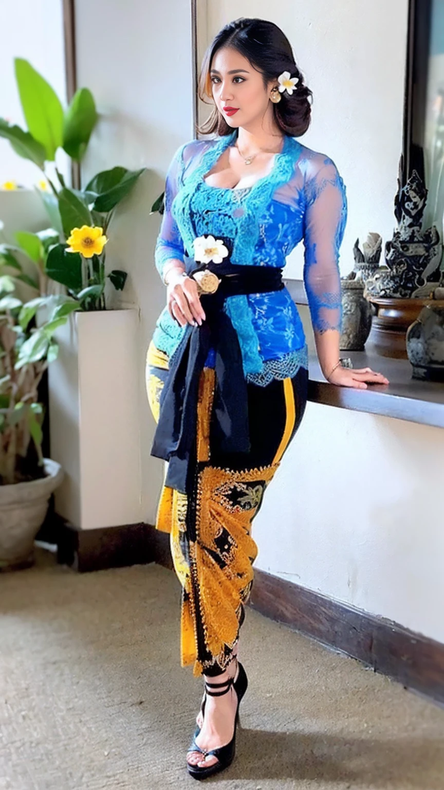 (8k, RAW photo, best quality, masterpiece:1.2),(Sharp Focus: 1.3),(Beautiful Woman with Perfect Figure: 1.4),woman, ((portrait of woman wearing ((blue_kebaya_bali)) in traditional black long kebaya)), red lipstick, gold necklace, earrings, decoration, detail, flowers, blurred background, soft focus,SFW:1.3),(Full Body:1.7),(cute face:1.3),(big breasts:1.5),(high heels:1.3),(big hips1.4), (big thighs:1.3),(covered breasts:1.3),(bust cleavage:1.1),(lipgloss:1.3),(Cute eyes:1.3),(Red lips:1.3),(Smooth skin texture:1.3),( Precise and perfect human anatomy: 1.3),(Beautiful and perfect facial features: 1.3), (Long eyelashes: 1.3),(Red lips: 1.3),(Shiny and textured lips: 1.3),(Smooth skin texture: 1.3),(earrings: 1.3),(Beautiful detailed eyes: 1.3),(Natural Color Lips: 1.3),(Beautiful face: 1.3),(look straight into the camera:1.3),((kebaya_bali,green_kebaya_bali,orange_kebaya_bali,blue_kebaya_bali,blue_kebaya_bali,black_kebaya_bali,white_kebaya_bali,yellow_kebaya_bali,white flower,black flower)),(Rim Lighting, Rim Light:1.2),(Natural Lighting:1.0)
