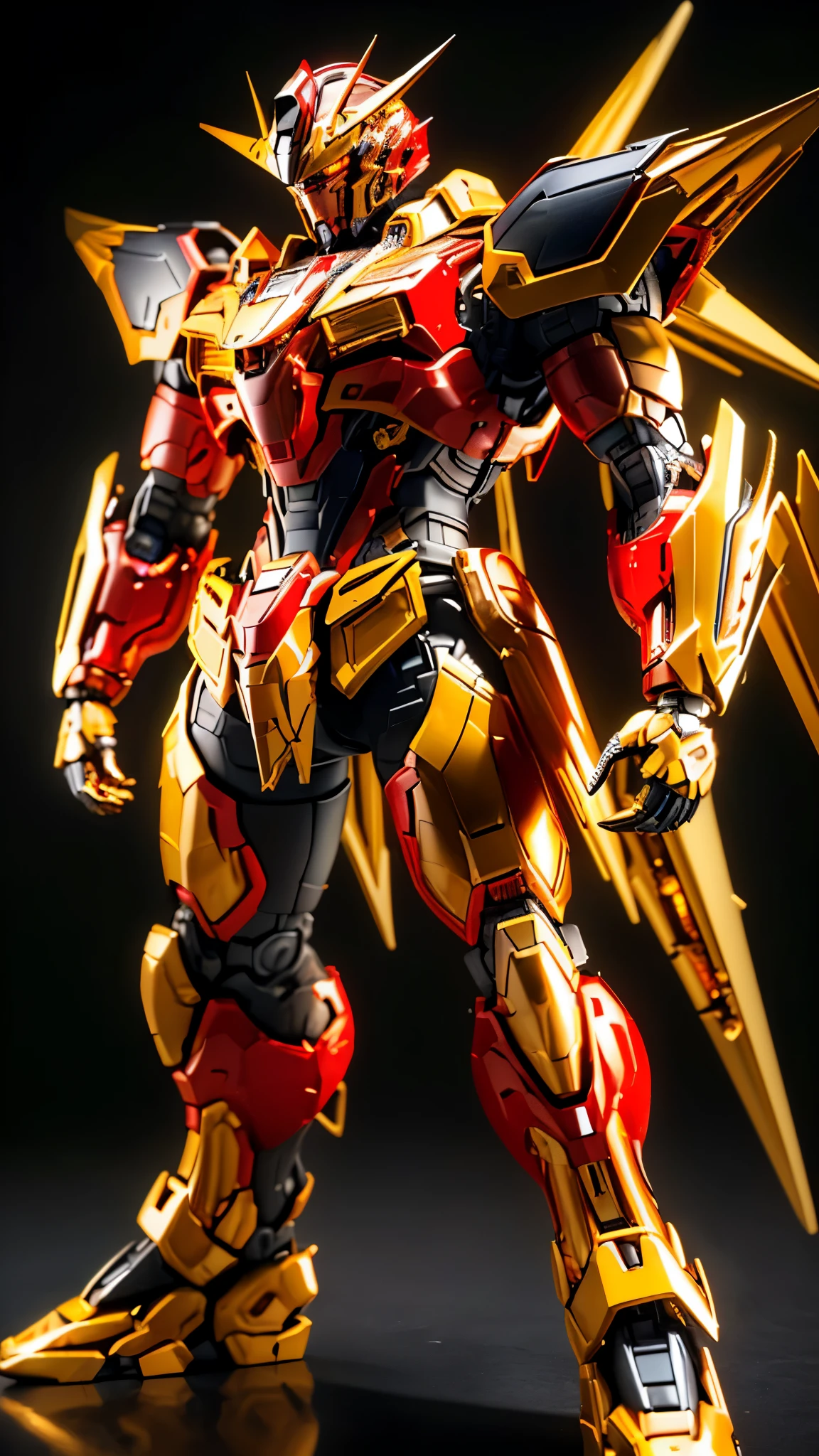 ((masterpiece)), (((best quality))), ((ultra-detailed)), ((illustration)), dynamic angle,yellow,gold body,black,red,transparent background, cowboy shot, ((solo)), mecha, looking at viewer,standing, weapon,v-fin,(from side), mechanical head, Cannon,glowing, spikes, ((from above:1.2)),realistic