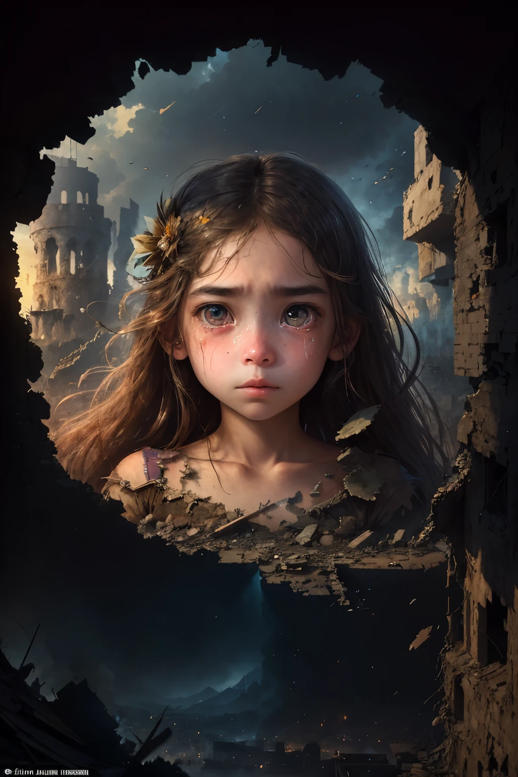 (Top view), ((highly detailed)), 4K, mega pixels, ultrasmooth rendering, vivid colors, war-torn landscape, Young girl, Age 13, Surrounded by ruins, Profound sadness, Tears in large eyes, Long brown hair, Fragments of hope, Humanity's resilience, Innocence amidst destruction, Beauty in adversity, Determination, Inner strength, Statement: "Amidst the despair of a war-ravaged world, the young girl's face beams the unfading beauty of hope. Her large, sad eyes, brimming with tears, mirror the anguish of the tragedy that has