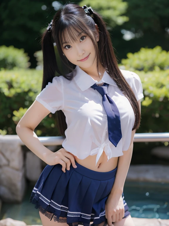 1girl in, (solo), masterpiece, best quality, 8K, hight resolution, extremely detailed girl, extremely detailed beautiful face, Beautiful skin, shiny skin, perfect anatomy, face focus, (ideal ratio body proportions), cowboy shot, smile, stylish pose, black hair, long hair, medium breasts, white and blue very mini skirt, white shirt, (blue tie), navel, looking at viewer, Sharp Focus, face lights, Simple background, single color background,