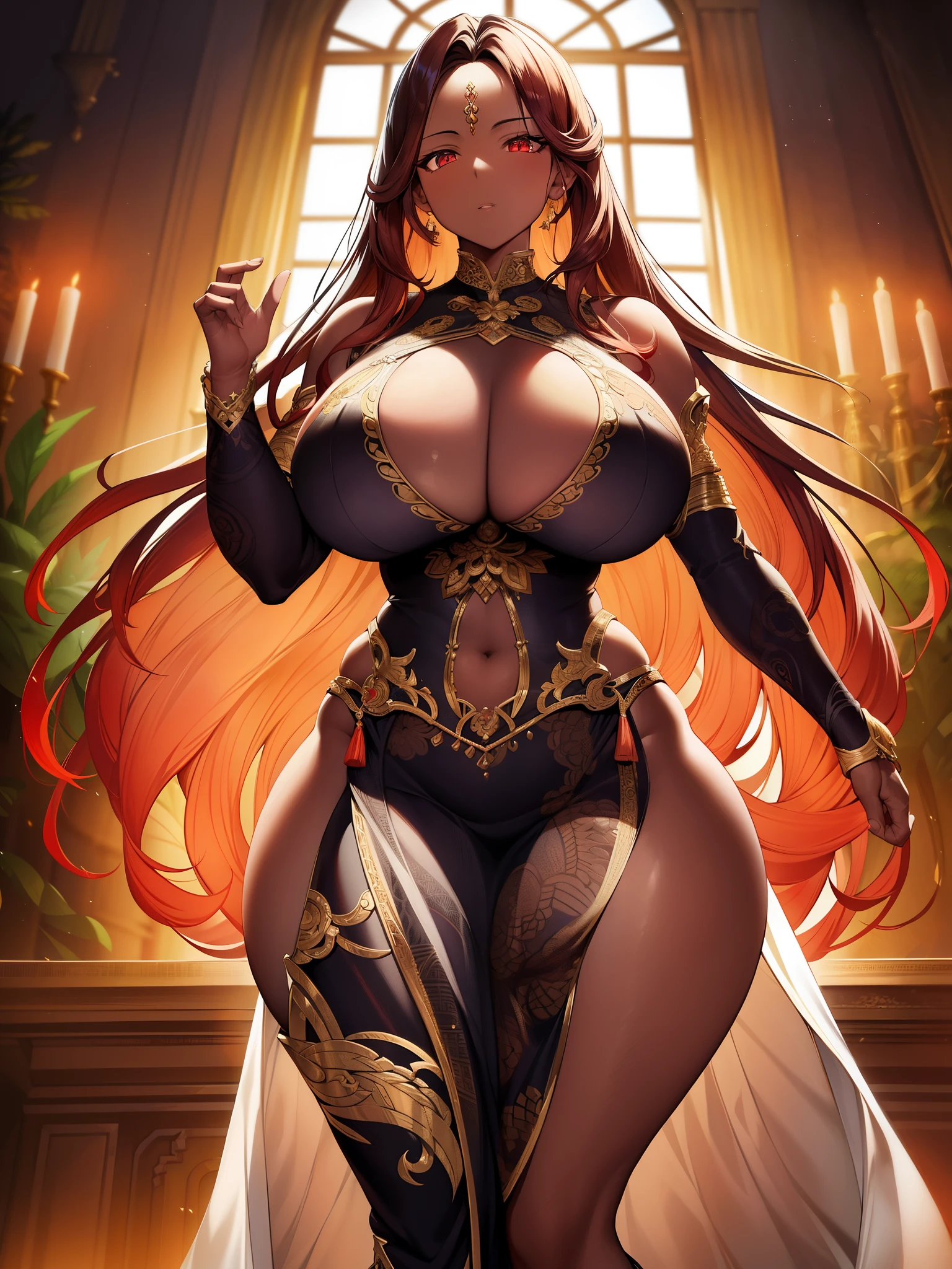 「((intricate details))、Cinematic shot of dark-skinned, busty woman with fiery flowing hair、HDR、((intricate details、Super detailed))、dramatic lighting、Huge、wide hips、thin waist