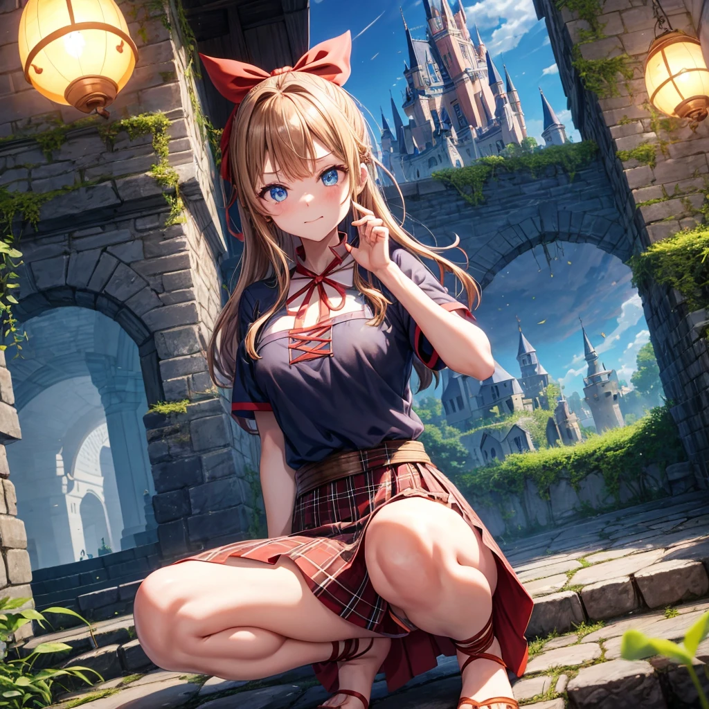 reddish-brown blonde、blue hair、blue eyes、ponytail、one good looking girl、solo、anime、Plaid miniskirt、camisole、squatting down、black t-shirt、Tilting your face、Doing the ribbon、Ribbon at waist、sunset sky、broken stone steps、Remains、tunnel、Fallen leaves、Light and shadow、monster castle、One leg is raised、castle floating in the air、column、Jewelry box、flag、sparks fall、forest、Hand mirror、、tall grass grows、cloak、circular cobblestone、the ground is cracked、aquarium、Vortex of Light、looking down、Fairies are flying