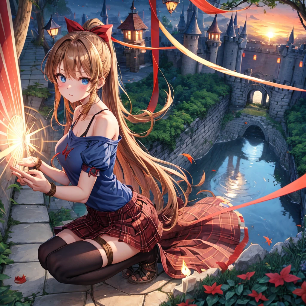 reddish-brown blonde、blue hair、blue eyes、ponytail、one good looking girl、solo、anime、Plaid miniskirt、camisole、squatting down、black t-shirt、Tilting your face、Doing the ribbon、Ribbon at waist、sunset sky、broken stone steps、Remains、tunnel、Fallen leaves、Light and shadow、monster castle、One leg is raised、castle floating in the air、column、Jewelry box、flag、sparks fall、forest、Hand mirror、bondage、tall grass grows、cloak、circular cobblestone、the ground is cracked、aquarium、Vortex of Light、looking down、Fairies are flying