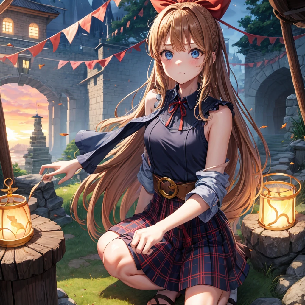 reddish-brown blonde、blue hair、blue eyes、ponytail、one good looking girl、solo、anime、Plaid miniskirt、camisole、squatting down、black t-shirt、Tilting your face、Doing the ribbon、Ribbon at waist、sunset sky、broken stone steps、Remains、tunnel、Fallen leaves、Light and shadow、monster castle、One leg is raised、castle floating in the air、column、Jewelry box、flag、sparks fall、forest、Hand mirror、bondage、tall grass grows、cloak、circular cobblestone、the ground is cracked、aquarium、Vortex of Light、looking down、Fairies are flying