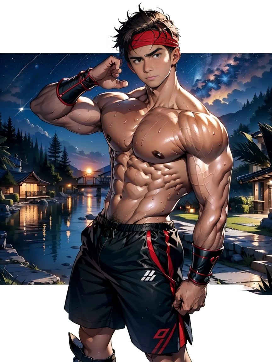 (Masterpiece, Best quality, 18 year old boy, 8k, ultra-detailed), (soulful eyes), (1 boy, solo), Young, (ager), (Dark Short straight hair, under cut, brown eyes), Shirtless, topless, (Red headband, black shorts, black boot sandals, ((gauntlet))), (Depth of field:1.2), (Abs, chest, upper arms), (topless male), man with martial arts stance, athretic body, sweat, (Starry night), epic kung-fu pose