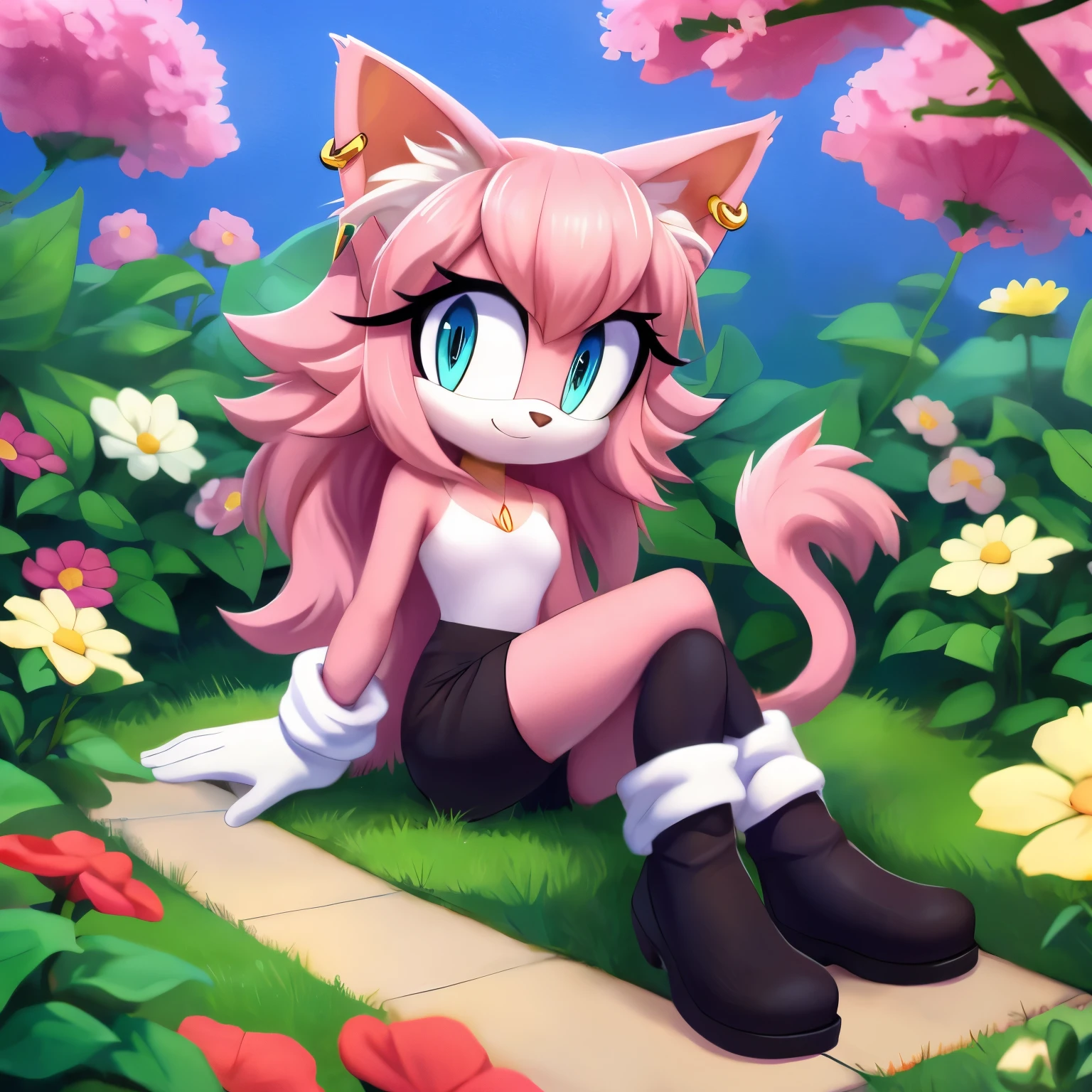 1girl, solo, small breasts, pink cat, long hair, earrings, fluffy wrists, gloves, flower garden, pastel, white chest fur, fluffy fur, turquoise eyes, big ears, big tail, fluffy tail, black boots, inside white ears, cat, bangs, pink fur, chest fur, masterpiece, best quality, sonic style, cartoon style