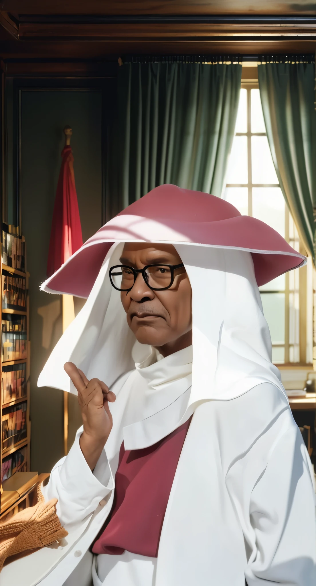 Real life adaption of this character, old man,wear realistic same outfit, wear same glasses, realistic same background,realism, hyper realistic, realistic light, realistic shadow,(photorealistic 1:2),hand love pose