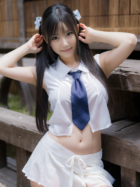 nsfw, 1girl in, (solo), masterpiece, best quality, 8K, hight resolution, extremely detailed girl, extremely detailed beautiful face, Beautiful skin, shiny skin, perfect anatomy, face focus, (ideal ratio body proportions), cowboy shot, smile, stylish pose, black hair, long hair, medium breasts, white and blue very mini skirt, white shirt, (blue tie), navel, looking at viewer, Sharp Focus, face lights, Simple background, single color background,