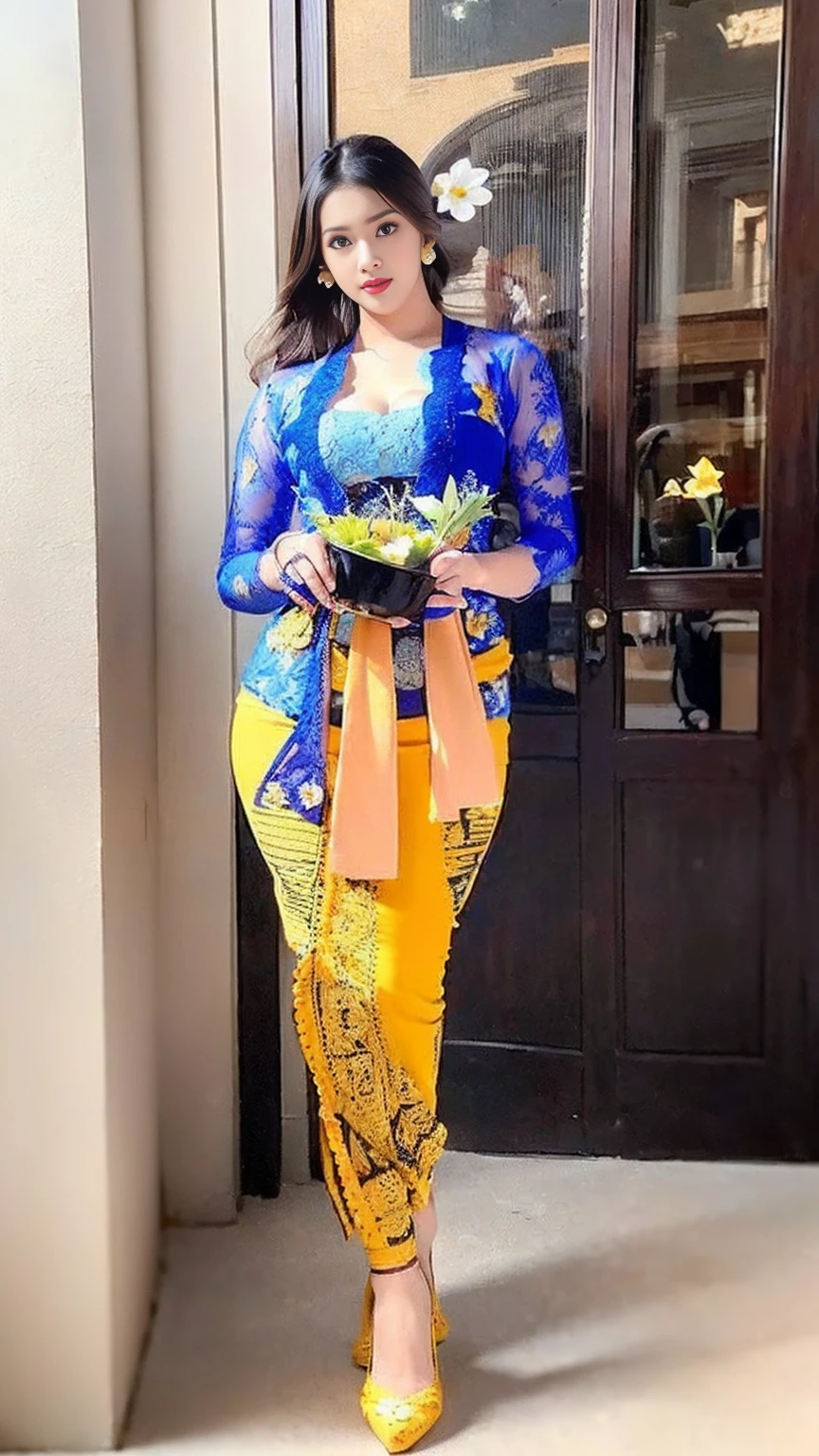 (8k, RAW photo, best quality, masterpiece:1.2),(Sharp Focus: 1.3),(Beautiful Woman with Perfect Figure: 1.4),woman, ((portrait of woman wearing ((blue_kebaya_bali)) in traditional black long kebaya)), red lipstick, gold necklace, earrings, decoration, detail, flowers, blurred background, soft focus,SFW:1.3),(Full Body:1.7),(cute face:1.3),(big breasts:1.5),(high heels:1.3),(big hips1.4), (big thighs:1.3),(covered breasts:1.3),(bust cleavage:1.1),(lipgloss:1.3),(Cute eyes:1.3),(Red lips:1.3),(Smooth skin texture:1.3),( Precise and perfect human anatomy: 1.3),(Beautiful and perfect facial features: 1.3), (Long eyelashes: 1.3),(Red lips: 1.3),(Shiny and textured lips: 1.3),(Smooth skin texture: 1.3),(earrings: 1.3),(Beautiful detailed eyes: 1.3),(Natural Color Lips: 1.3),(Beautiful face: 1.3),(look straight into the camera:1.3),((kebaya_bali,green_kebaya_bali,orange_kebaya_bali,blue_kebaya_bali,blue_kebaya_bali,black_kebaya_bali,white_kebaya_bali,yellow_kebaya_bali,white flower,black flower)),(Rim Lighting, Rim Light:0.5),(Natural Lighting:1.2)