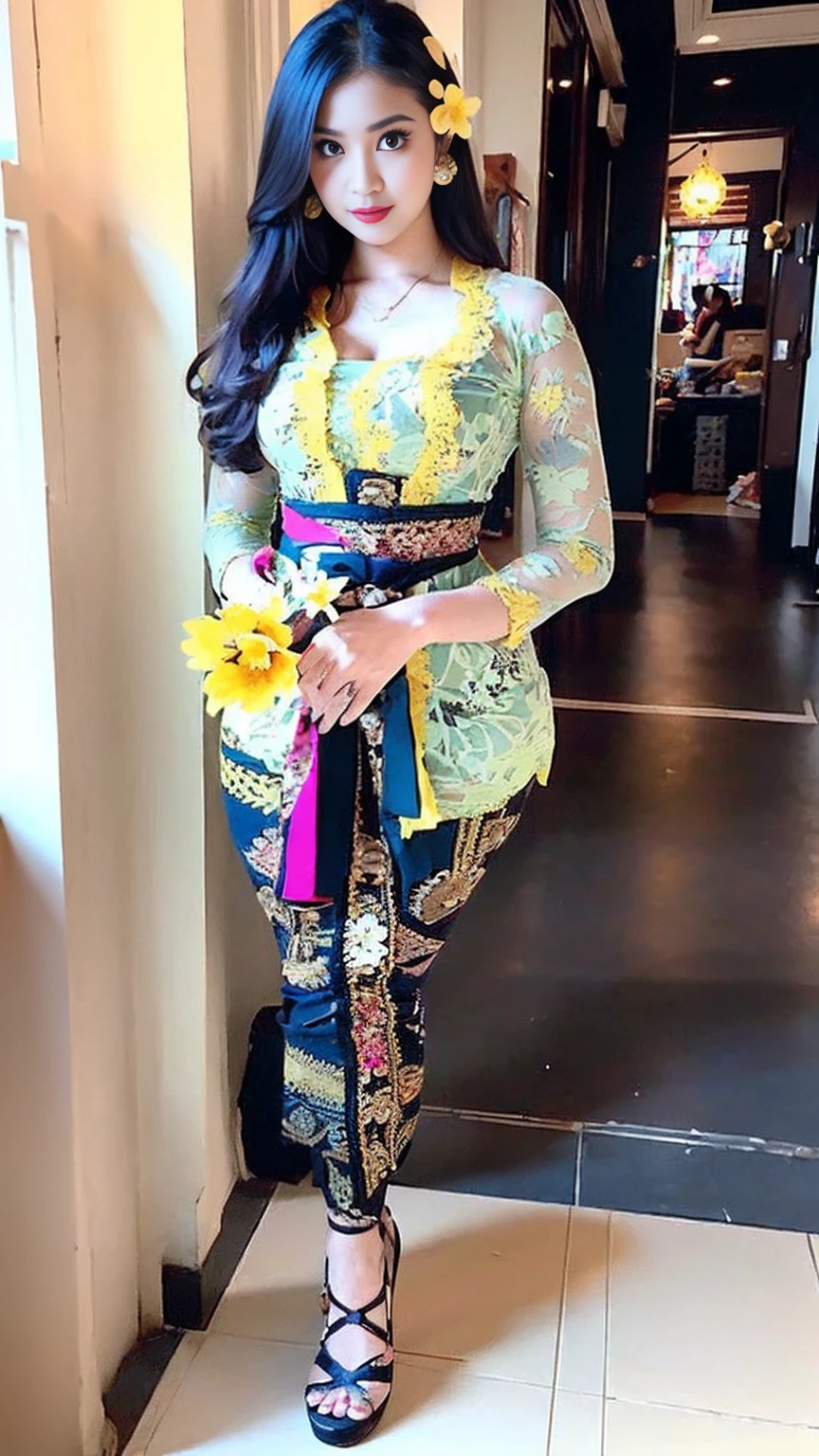 masterpiece, malaysian girl, indonesian girl ,ultra realistic,32k,intricate details, sharp focus, realistic, closed, straight ahead pose, black eyes, jewelr, lips, realistic, looking_at_viewer, wet skin, shiny skin, SHORT SLEVES, indonesian clothes, bali, balinese, cityscape, transparent standing pose,((blue green kebaya)),full body,busty body,curvy body,long hair,beauty face, smile