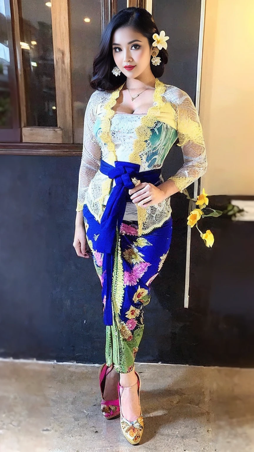 (8k, RAW photo, best quality, masterpiece:1.2),(Sharp Focus: 1.3),(Beautiful Woman with Perfect Figure: 1.4),woman, ((portrait of woman wearing ((blue_kebaya_bali)) in traditional black long kebaya)), red lipstick, gold necklace, earrings, decoration, detail, flowers, blurred background, soft focus,SFW:1.3),(Full Body:1.7),(cute face:1.3),(big breasts:1.5),(high heels:1.3),(big hips1.4), (big thighs:1.3),(covered breasts:1.3),(bust cleavage:1.1),(lipgloss:1.3),(Cute eyes:1.3),(Red lips:1.3),(Smooth skin texture:1.3),( Precise and perfect human anatomy: 1.3),(Beautiful and perfect facial features: 1.3), (Long eyelashes: 1.3),(Red lips: 1.3),(Shiny and textured lips: 1.3),(Smooth skin texture: 1.3),(earrings: 1.3),(Beautiful detailed eyes: 1.3),(Natural Color Lips: 1.3),(Beautiful face: 1.3),(look straight into the camera:1.3),((kebaya_bali,green_kebaya_bali,orange_kebaya_bali,blue_kebaya_bali,blue_kebaya_bali,black_kebaya_bali,white_kebaya_bali,yellow_kebaya_bali,white flower,black flower)),(Rim Lighting, Rim Light:0.5),(Natural Lighting:1.2)