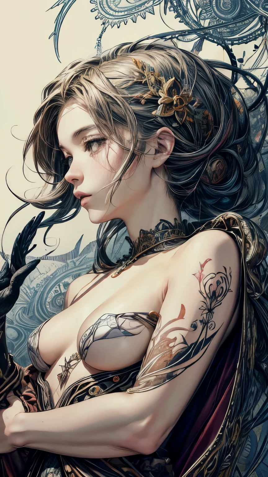 official art, unity 8k wallpaper, Super detailed, beautiful and aesthetic, masterpiece, highest quality, (zentangle, mandala, tangle, entangle), (fractal art:1.3) ,( 1 girl:1.4), very detailed, dynamic angle, cowboy shot, the most beautiful form of chaos, elegant, brutal designer, Bright colors, romanticism, Written by James Jean, robbie dowi antono, Ross Tran, francis bacon, Michael Mraz, Adrian's genius, Petra Cortright, Gerhard Richter, takato yamamoto, ashley wood, in the atmosphere, ecstasy of notes, Streaming notes are displayed,gear