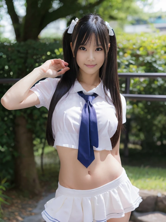 nsfw, 1girl in, (solo), masterpiece, best quality, 8K, hight resolution, extremely detailed girl, extremely detailed beautiful face, Beautiful skin, shiny skin, perfect anatomy, face focus, (ideal ratio body proportions), cowboy shot, smile, stylish pose, black hair, long hair, medium breasts, white and blue very mini skirt, white shirt, (blue tie), navel, looking at viewer, Sharp Focus, face lights, Simple background, single color background,