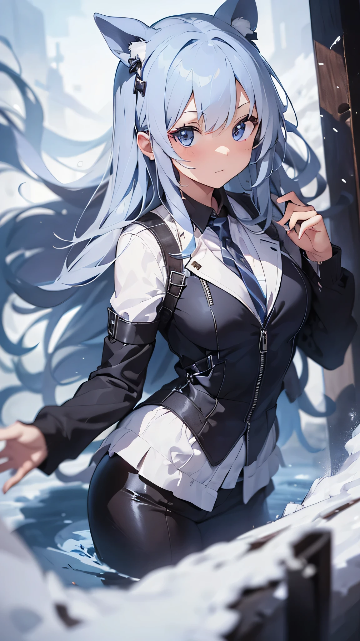 最high quality、best image quality、masterpiece、age girl((18-year-old、 By becoming、vest bust、medium bust,wide open breast tea、black eye, gray hair、long hair、thin,highest valley、black coat,black pants)),high quality、beautiful art、background((snow mountain))debris flies、Depth of written boundary、movie、visual art、perfect art、8K,genuine