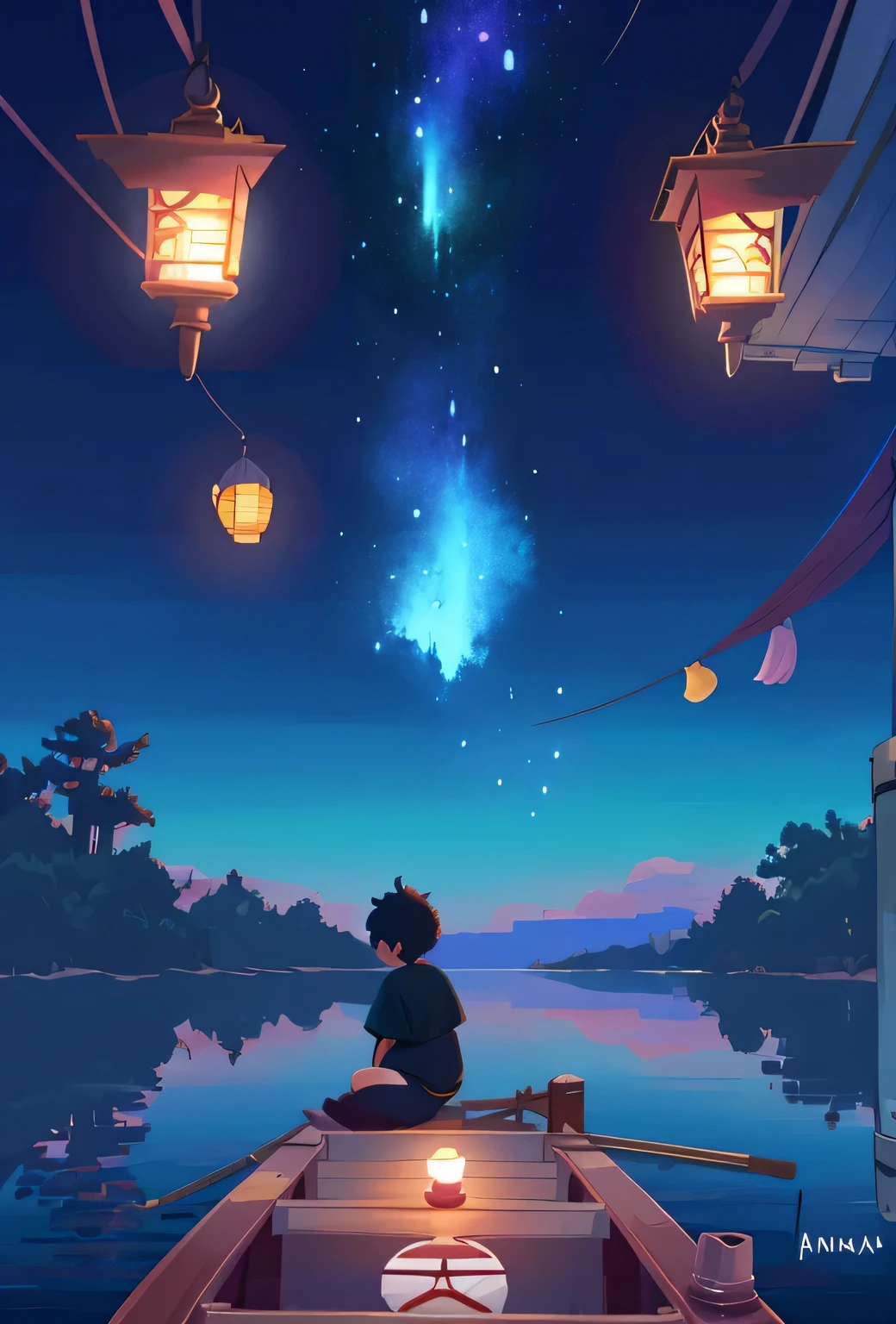 Anime girl sitting on the boat holding a lantern and looking at the sky, Makoto Shinkai Cyril Rolando, Anime Art Wallpaper 8K, anime art wallpaper 4k, anime art wallpaper 4k, Lofi art style, 4k anime wallpaper, anime wallpaper 4k, anime wallpaper 4k, beautiful anime scene, Anime beautiful peaceful scene, anime background