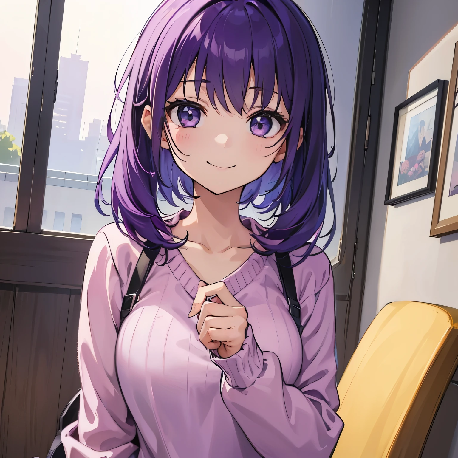 (T Masterpiece，4k wallpaper，best quality))、((girl１people))、(solo)、Brilliant，(purple hair)、(shortcut:1.3)、smile、Bedroom、morning、sweater