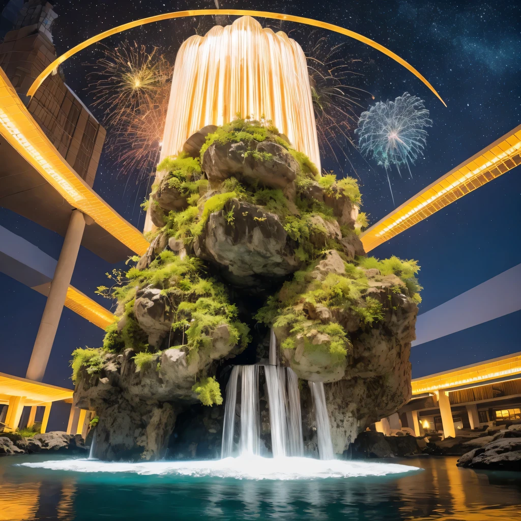 Octopus Man Hexagonal Base(Very detailed) In a hexagonal mountain oasis,There are several hexagonal exhaust fans and chimneys,some neon lights projecting from the base,light up the night),There are some clouds in the night sky,Some surrounding planets provide air to unknown planets,The most distant giant hexagonal volcanic eruption,rainforest