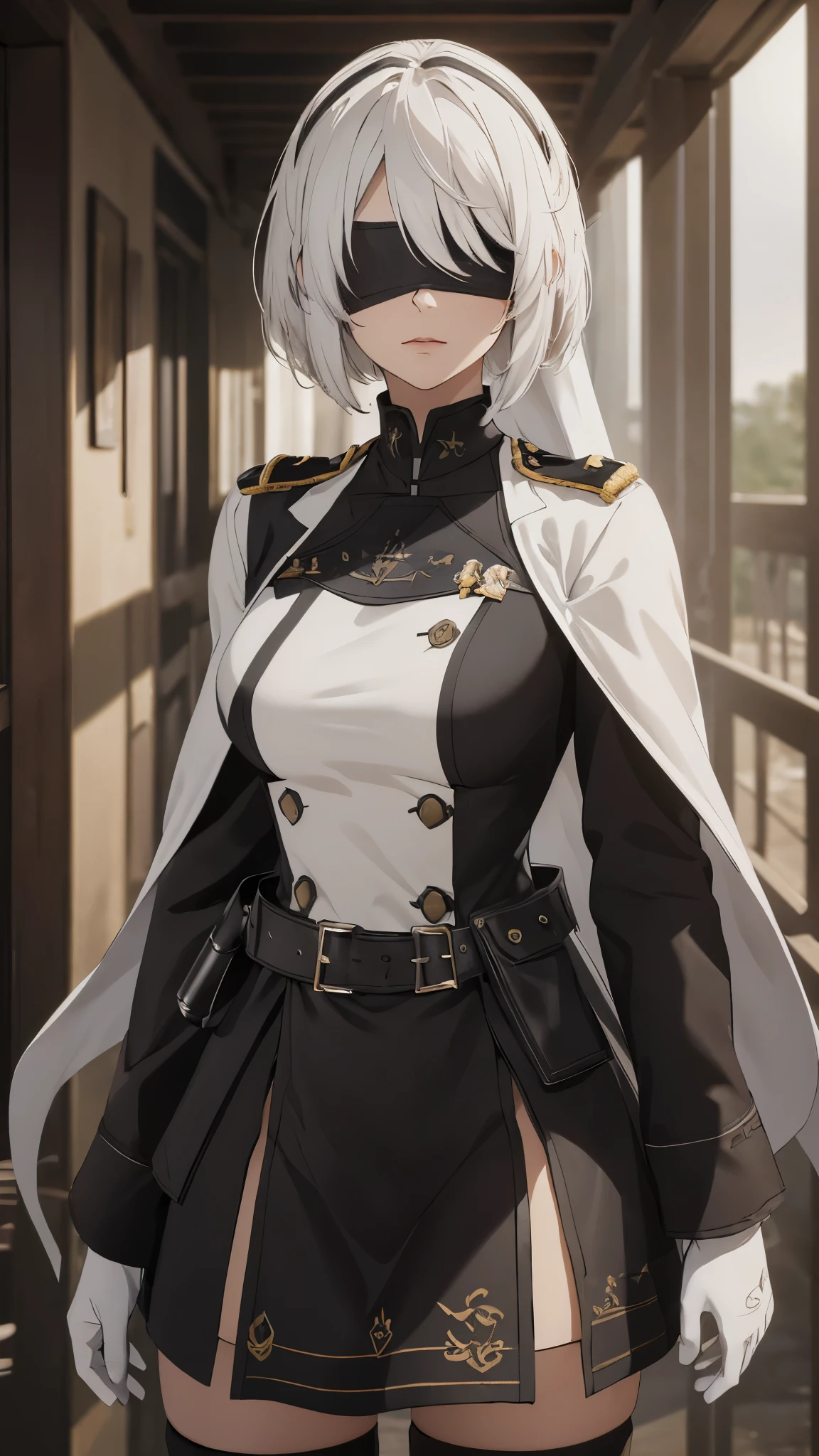 (extremely detailed CG unity 8k wallpaper), (masterpiece), (best quality), (ultra-detailed), (best illustration), (best shadow), (absurdres), 2b, 1girl, long hair, normal size , white hair, blindfold solo, Intimidating women, admiral uniform, night, hero pose, white clothes, General Uniform, Military Uniform, Sunlight, exposed to sunlight,commander, cape, fighting, ((beautiful fantasy girl)), (Master Part: 1.2), Best Quality, High Resolution, photorealestic, photogenic, Unity 8k壁纸, perfect lighting, (perfect arms, perfect anatomy) beatiful face, intricate details, Detalhes realistas, the anime, The Perfect Girl, perfect details, Ultra HD |, 8K, Professional photo(extremely detailed CG unity 8k wallpaper), (masterpiece), (best quality), (ultra-detailed), (best illustration), (best shadow), (absurdres), 2b, 1girl, long hair, normal size , white hair, blindfold solo, Intimidating women, admiral uniform, night, hero pose, white clothes, General Uniform, Military Uniform, Sunlight, exposed to sunlight, commander, black clothes, sunkissed, sunset background