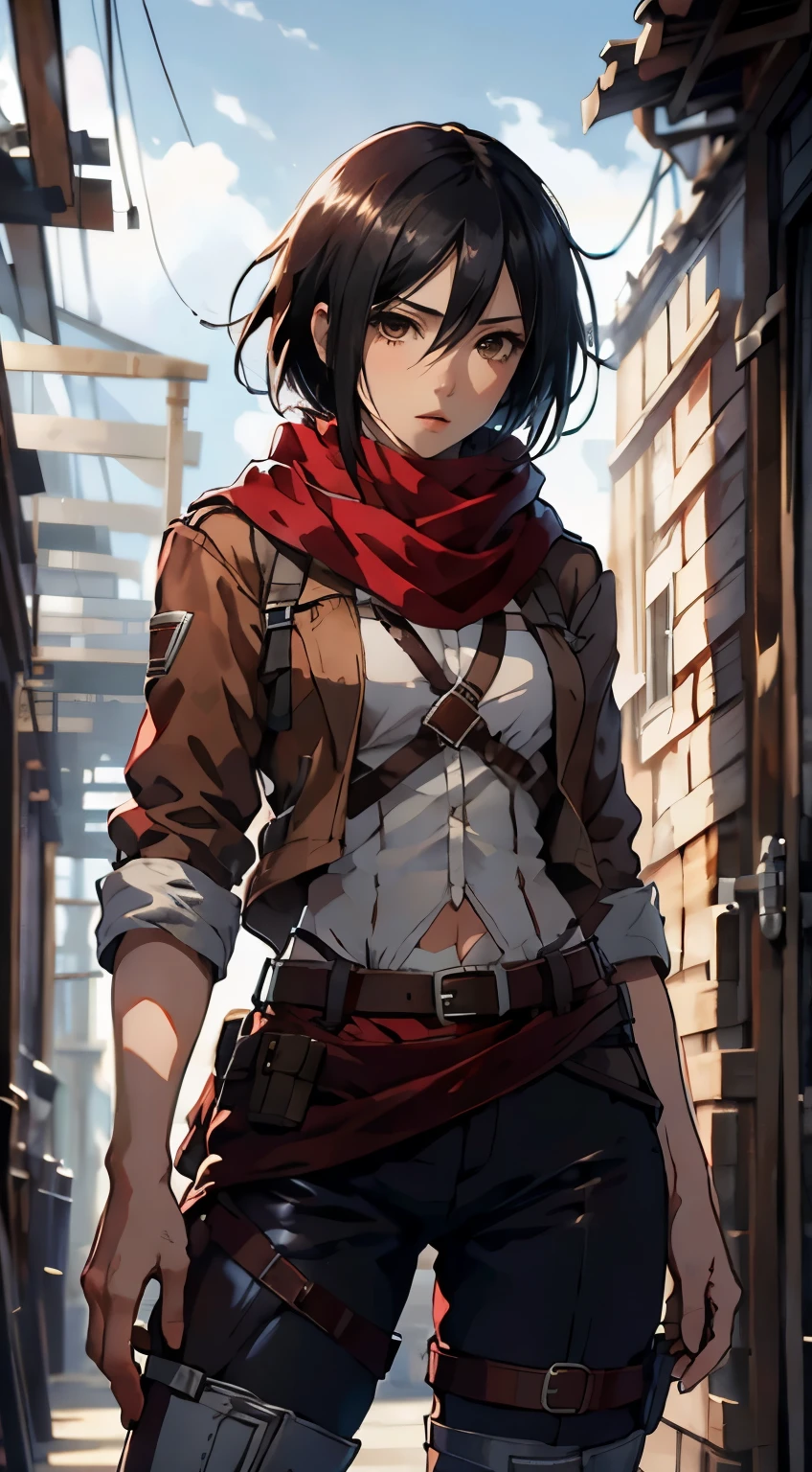 masterpiece, best quality, highres, hmmikasa, short hair, black eyes, scarf, belt, thigh strap, red scarf, white pants, white shirt, standing, cowboy shot,