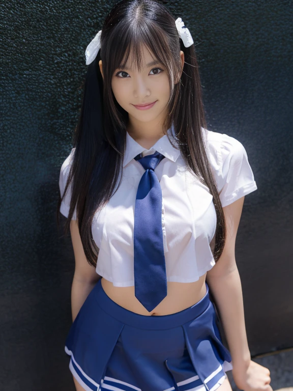 nsfw, 1girl in, (solo), masterpiece, best quality, 8K, hight resolution, extremely detailed girl, extremely detailed beautiful face, Beautiful skin, shiny skin, perfect anatomy, face focus, (ideal ratio body proportions), cowboy shot, smile, stylish pose, black hair, long hair, medium breasts, white and blue very mini skirt, white shirt, (blue tie), navel, looking at viewer, Sharp Focus, face lights, Simple background, single color background,