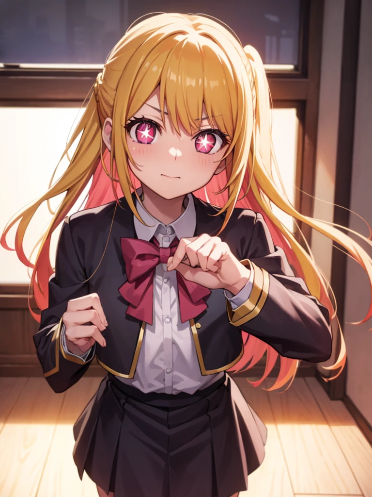 rubyhoshino, ruby hoshino, (yellow hair:1.5), long hair, one side up, (pink eyes:1.5), sidelocks, (star-shaped pupils:1.5), (symbol-shaped pupils:1.5), (mismatched pupils:1.5),
BREAK black vest, blue jacket, bow, bowtie, collared shirt, cropped jacket, jacket, kneehighs, long sleeves, pink bow, pink bowtie, pleated skirt, school uniform, shirt, skirt, socks, vest, white shirt, white socks, youtou high school uniform,
BREAK looking at viewer,
BREAK indoors, classroom,
BREAK (masterpiece:1.2), best quality, high resolution, unity 8k wallpaper, (illustration:0.8), (beautiful detailed eyes:1.6), extremely detailed face, perfect lighting, extremely detailed CG, (perfect hands, perfect anatomy),