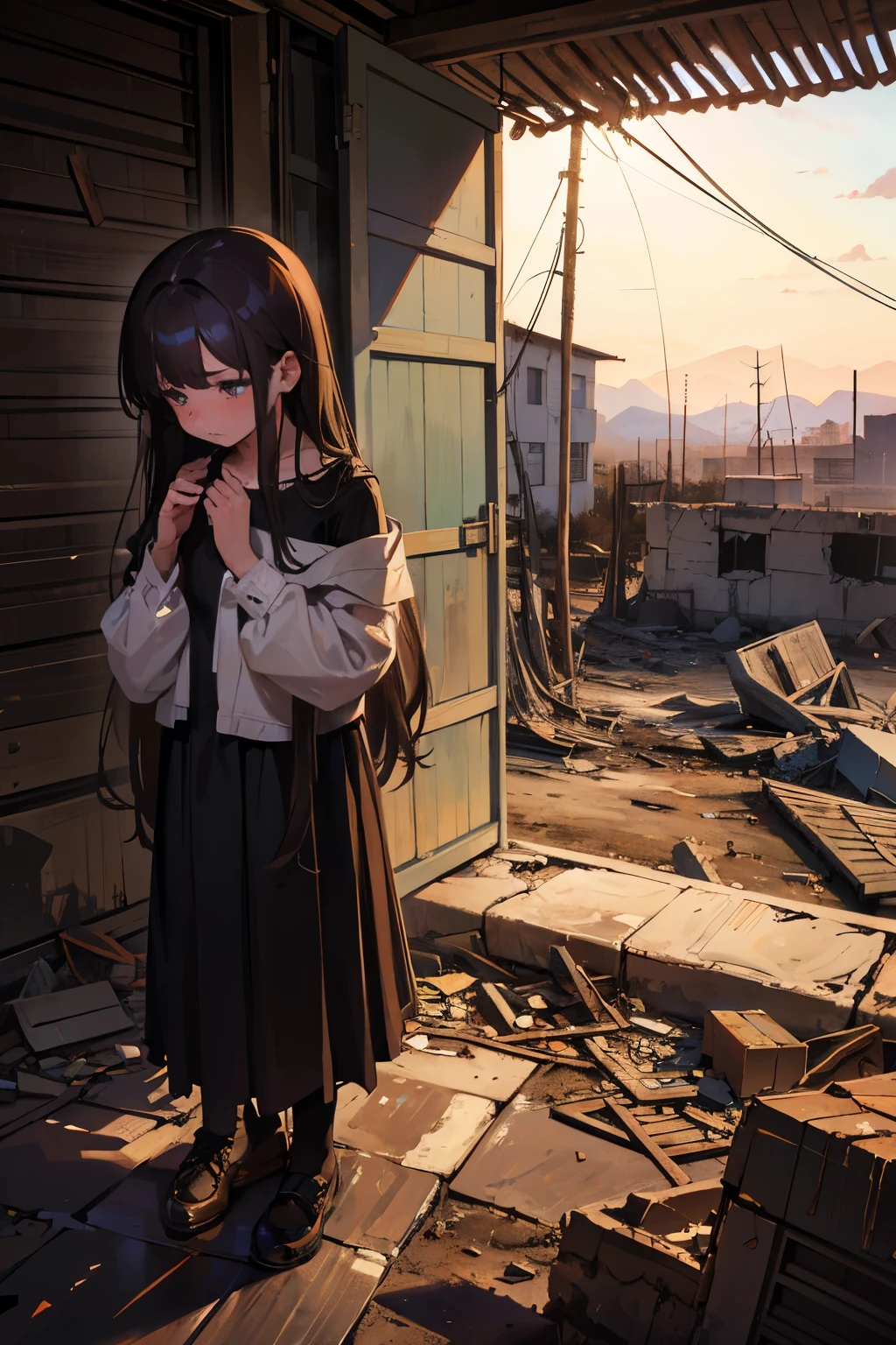 top view::3
The image captures the face of a young girl, around thirteen years old, amidst the destruction of a war-torn landscape. Rubbled buildings and debris are scattered around, mirroring the brutality of the conflicts that have ravaged the region. Her large eyes, brimming with tears, convey a deep sadness that speaks of loss and tragedy.
The girl's long, curly brown hair falls impressively around her shoulders, reminiscent of the fragments of hope that have been lost and the challenges she endures. The contrast between her natural beauty and the desolate surroundings amplifies the poignancy of her story. Her expression, both melancholic and resilient