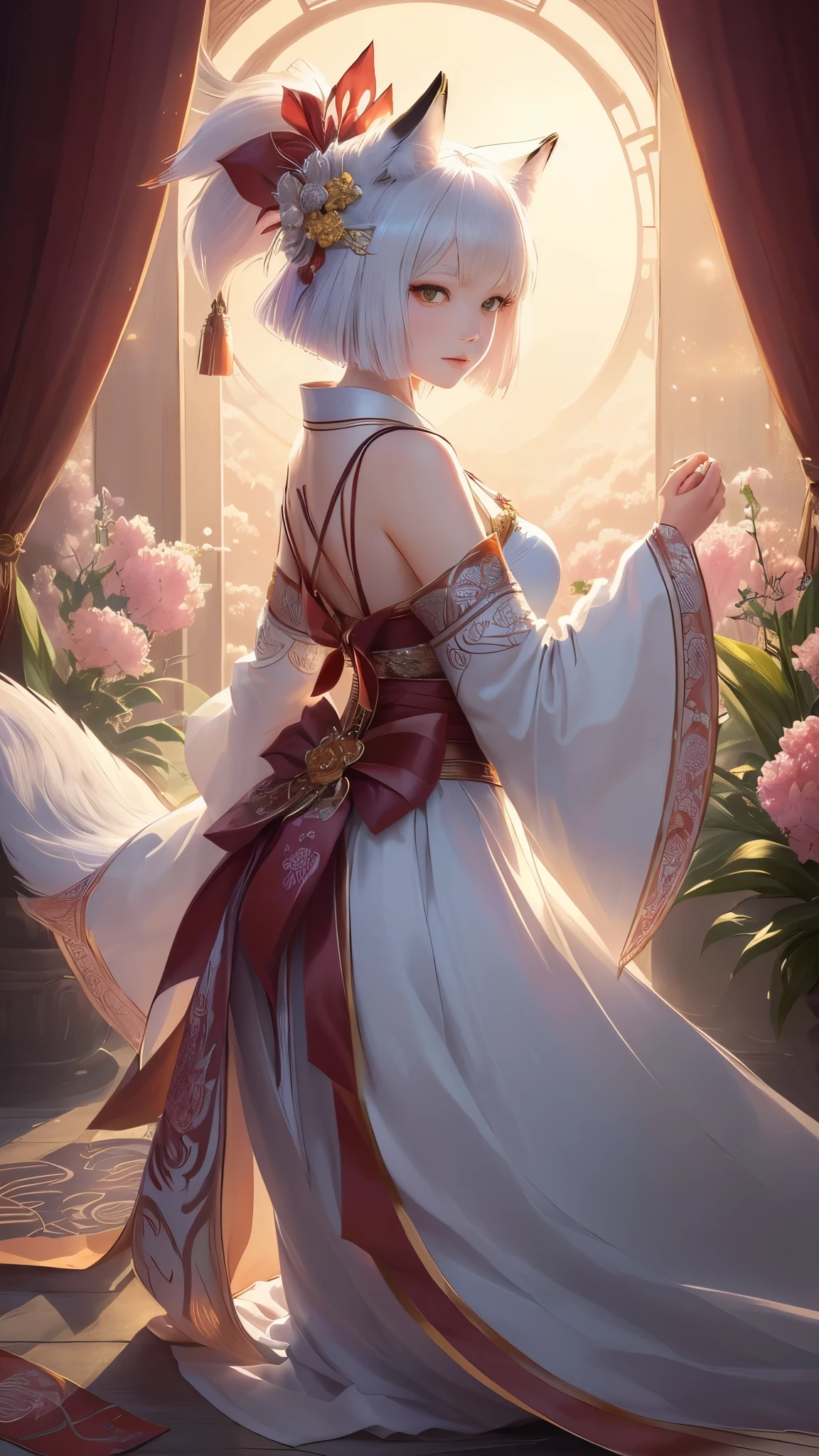 masterpiece , best quality, Close-up,Beautiful short hair, masterpiece, beautiful details, colorful, delicate details, delicate lips, intricate details, genuine, ultrargenuineista, 枝に座っている色とりどりの髪のFoxを持つ女の子:Mature, light makeup, ,色とりどりのFox, raposa de nine tails, 三尾Fox, 三尾Fox, onmyoji detailed art, beautiful fine art illustration, mythical creatures, Fox, beautiful digital art,shrine maiden,japanese architecture,hold hands,exquisite digital illustration, mizutsune, Inspired by mythical wild web creatures, pixiv in digital art, shining light, high contrast, Mysterious,枝に座っている色とりどりの髪のFoxを持つ女の子,front,looking at the camera