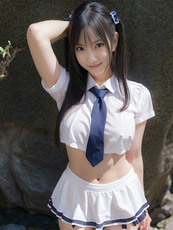 nsfw, 1girl in, (solo), masterpiece, best quality, 8K, hight resolution, extremely detailed girl, extremely detailed beautiful face, Beautiful skin, shiny skin, perfect anatomy, face focus, (ideal ratio body proportions), cowboy shot, smile, stylish pose, black hair, long hair, medium breasts, white and blue very mini skirt, white shirt, (blue tie), navel, looking at viewer, Sharp Focus, face lights, Simple background, single color background,