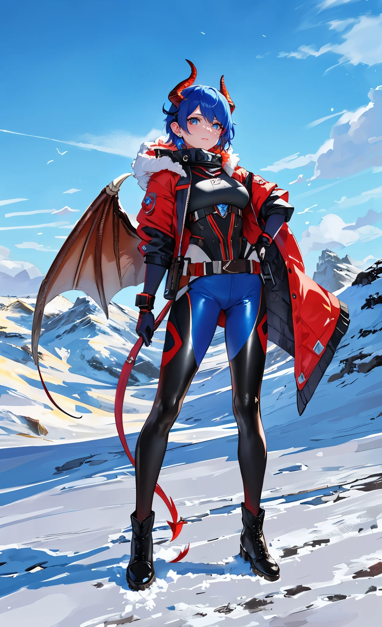 (Ultra-short hair with blue and red highlights),close up,dream world,Dragon royal sister,dragon lady,Two color short hair,beautiful eyes,snow mountain tundra,polar bay,earrings,(goggles,Tight protective clothing),humanoid, polar tundra background,Explorer, her skin is white, fair complexion,(adventure tights,Tight pants,A pair of dragon horns and wings),boots,leather boots,