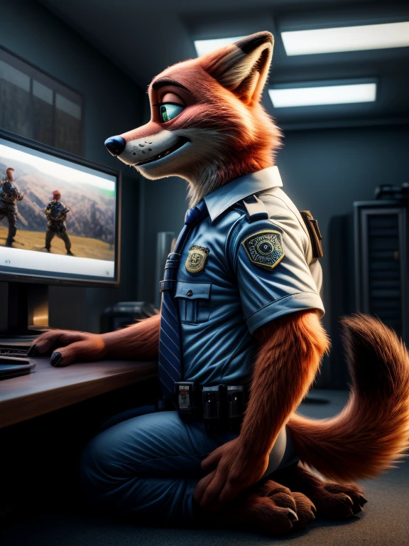 a close up of a cartoon fox sitting in front of a computer, nick wilde, nick wilde from zootopia, in zootopia city, ‘zootopia’, ray trace 4k, ray trace 4 k, animated film, 3 d animated movie, zootopia stile, pixar zootopia. 3 d rendering, zootopia 2, zootopia movie style, 2d portrait, very detailed faces, anatomically correct, furry art, hypnotised barefoot Nick Wilde (Zootopia) wearing his blue police uniform, long pants, police belt with gun, kneeling in front of PC or TV, in office, concentrating on a monitor with a recording of a green hypnotic spiral, detailed nice big fox feet paws with short claws, in a trance, drooling, green glow in his eyes, hi res, detailed background, 8k hd,(dark shadows, wide dynamic range, hdr, low light:1.2), （Dynamic angles and pose:1.2)