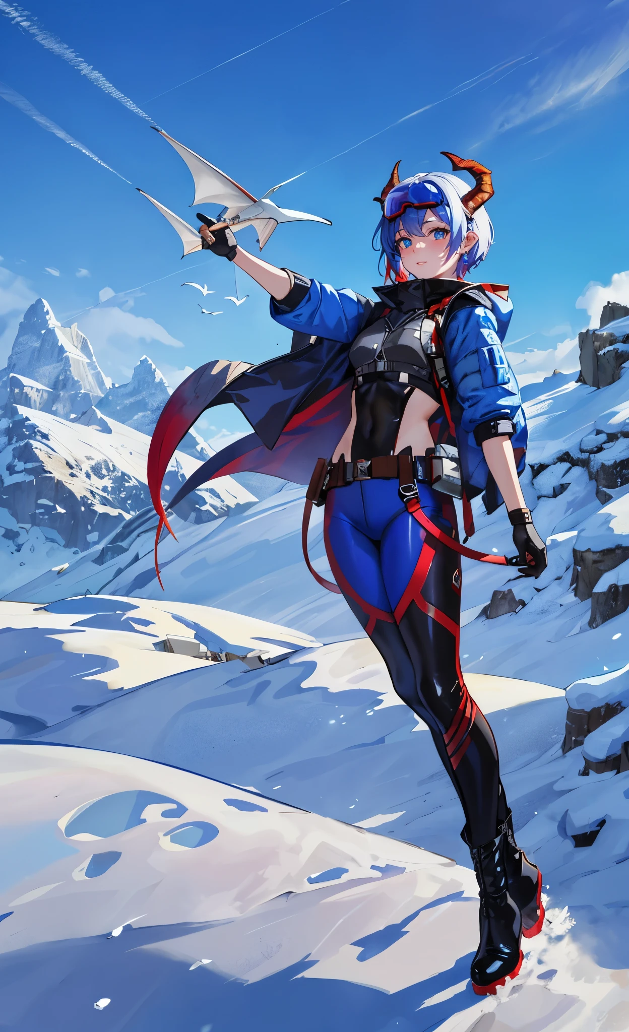 (Ultra-short hair with blue and red highlights),close up,dream world,Dragon royal sister,dragon lady,Two color short hair,beautiful eyes,snow mountain tundra,polar bay,earrings,(goggles,Tight protective clothing),humanoid, polar tundra background,Explorer, her skin is white, fair complexion,(adventure tights,Tight pants,A pair of dragon horns and wings),boots,leather boots,