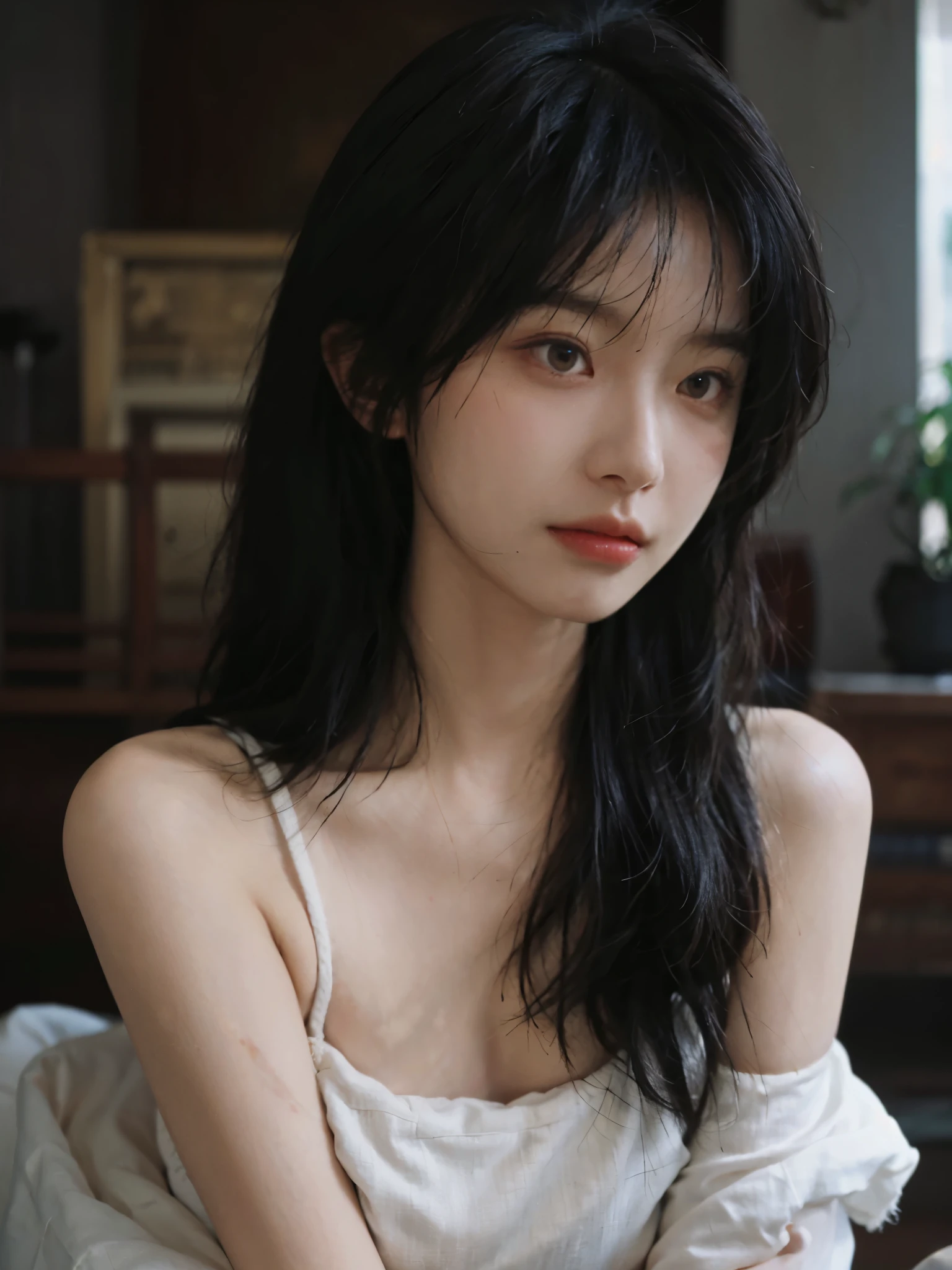 Film portrait photography, 1 girl, bare shoulders, Shoulder length wavy hair, serene, calm, (Realistic and detailed eyes, natural skin texture, Realistic facial details), Soft dramatic lighting, depth of field, Bokeh, Vibrant details, detailed meticulous, hyper-realistic, 35mm film, hazy, ,