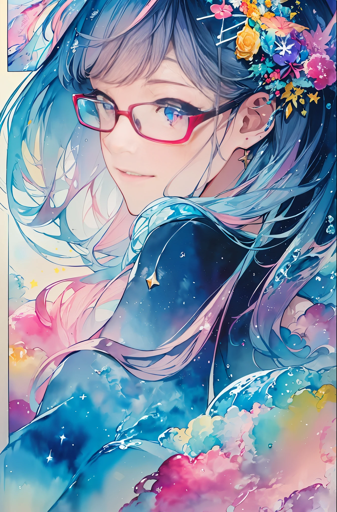 (masterpiece, highest quality, highest quality, watercolor (Moderate), official art, beautiful and aesthetic: 1.2), (1 girl: 1.3), (fractal art: 1.3), Upper body, From the side, looking at the viewer, pattern, (Iridescent hair, colorful Hair, half blue and half pink hair: 1.2), water, liquid, cloud, colorful, starry sky, performer, smile, Glasses, close