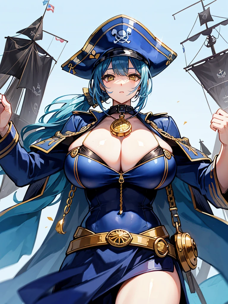 (((masterpiece、Highest image quality、highest quality、highly detailed unity 8kwallpaper)))、((Illustration of one girl、upper body))、(((beautiful girl)))、(female pirate)、(Light light blue hair、short ponytail:1.2、yellow eyes)、((tall))、(((muscle girl, muscle, bulky figure, massive frame, thick neck, sturdy arms, powerful legs)))、(captain's suit、Pirate hat、Blue coat)、Pirate ship deck