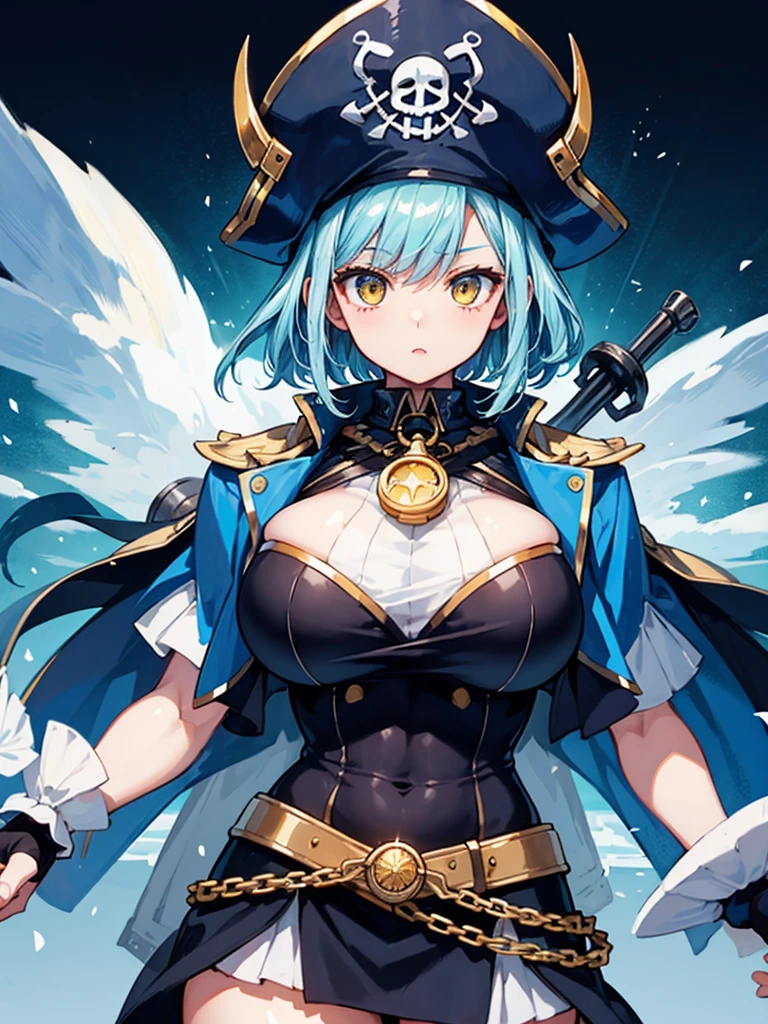 （（（masterpiece、Highest image quality、highest quality、highly detailed unity 8ｋwallpaper）））、（（Illustration of one girl、upper body））、（（（beautiful girl）））、（female pirate）、（Light light blue hair、short ponytail：1.2、yellow eyes）、（（tall））、（（（muscle girl, muscle, bulky figure, massive frame, thick neck, sturdy arms, powerful legs）））、（captain&#39;s suit、Pirate hat、Blue coat）、Pirate ship deck