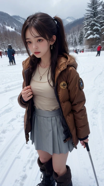realistic photos oF (1 cute Korean star) Shoulder-length hair, Light makeup, Medium breast size, Wearing a coat, In the snow, clear Facial Features, 8K high resolution, Crisp, lifelike details.From outside, Eye level shooting, F/4.0, 135 mm, Fujifilm, jpeg artiFacts, Jitter, Ultra HD, masterpiece
