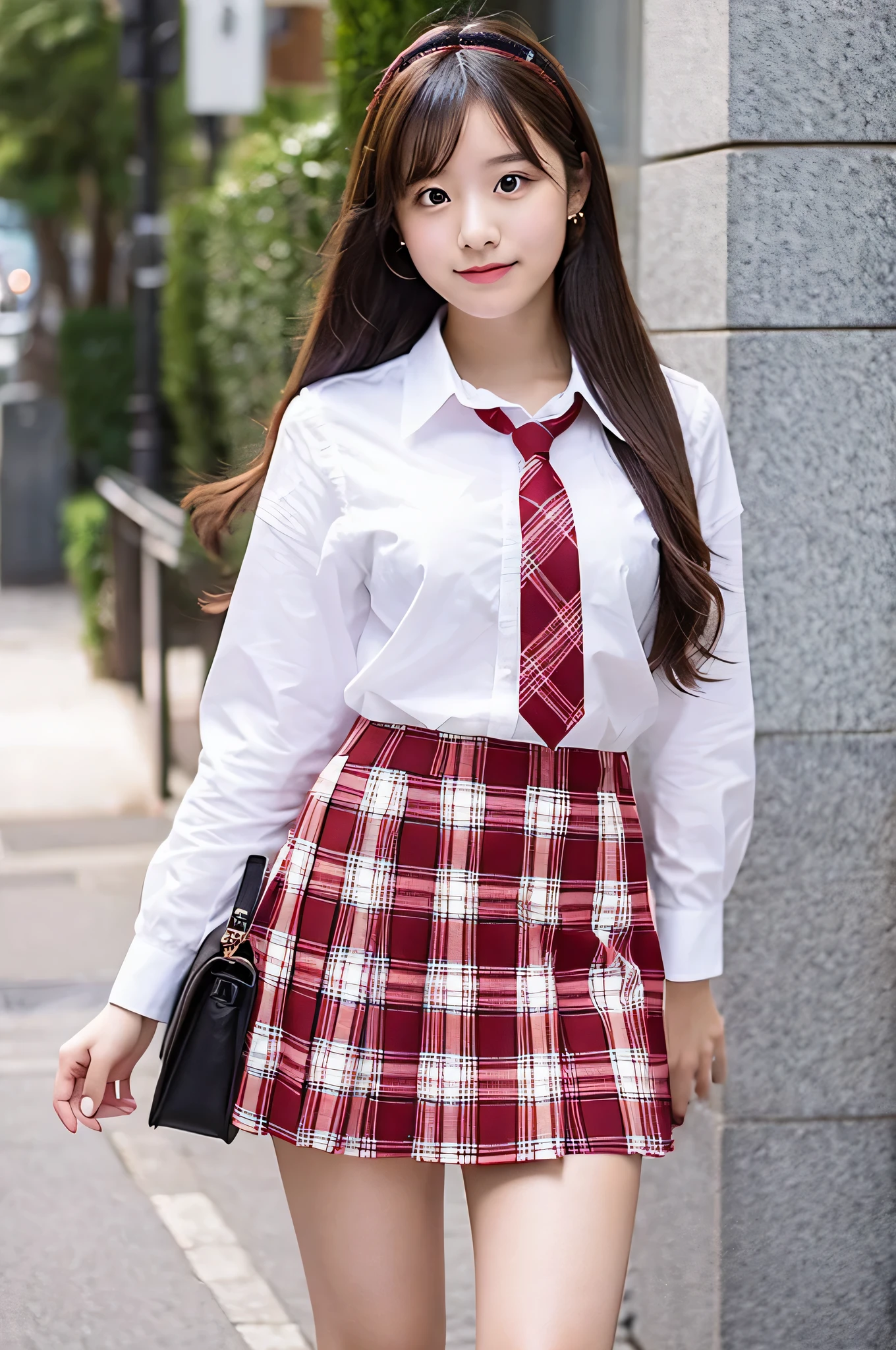 super mini skirt(Red plaid)An 18-year-old high school girl wearing a white shirt.