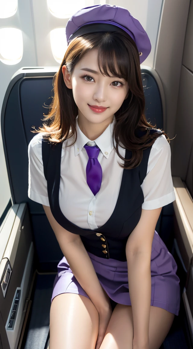 (((full body,including legs、sitting down,opened legs apart)))、(((perfect uniform of Japanese stewardess, perple uniform,necktie, purple vest-dress uniform、purple small hat, (black high-heel), little smile,white blouse,tight blouse、purple tight skirt))), white gloves, short gloves, high heel、transparant nipples,Dressed up、(Photo real:1.4)、(A hyper-realistic:1.4)、(Photorealistic:1.3)、 (gentle lighting: 1.05)、(Improve the lighting quality of your video:0.9)、32k、 1Girl、28years old girl、photorealistic lighting、Back lighting、Facial Lights、Ray Trace、(bright:1.2)、(Increase quality:1.4)、 (best quality real texture skin)、Fair eyes,Delicate and delicate face, Close-up of the breasts, white blouse,tight blouse,tight jump-skirt , (Bodyline mood improvement:1.1)、Glossy skin、wavy hair,blonde hair,韓国アイドル、乃木坂アイドル、Sculptural Idol Pose、little smile,blush,Beautiful actress、Neat woman,whole body, (((midium breasts,beautiful breasts))),(perfect row of teeth),slender waist and hip,beautiful long legull shot)、((8heads tall)、(((誘惑している、恥ずかしい)))、dynamic pose,gravure pose,(eye shadow),((red cheek、red lips)),Super Clean Night View、night time、blush,little smile,(((full shot)))、(((in the air plane))),
