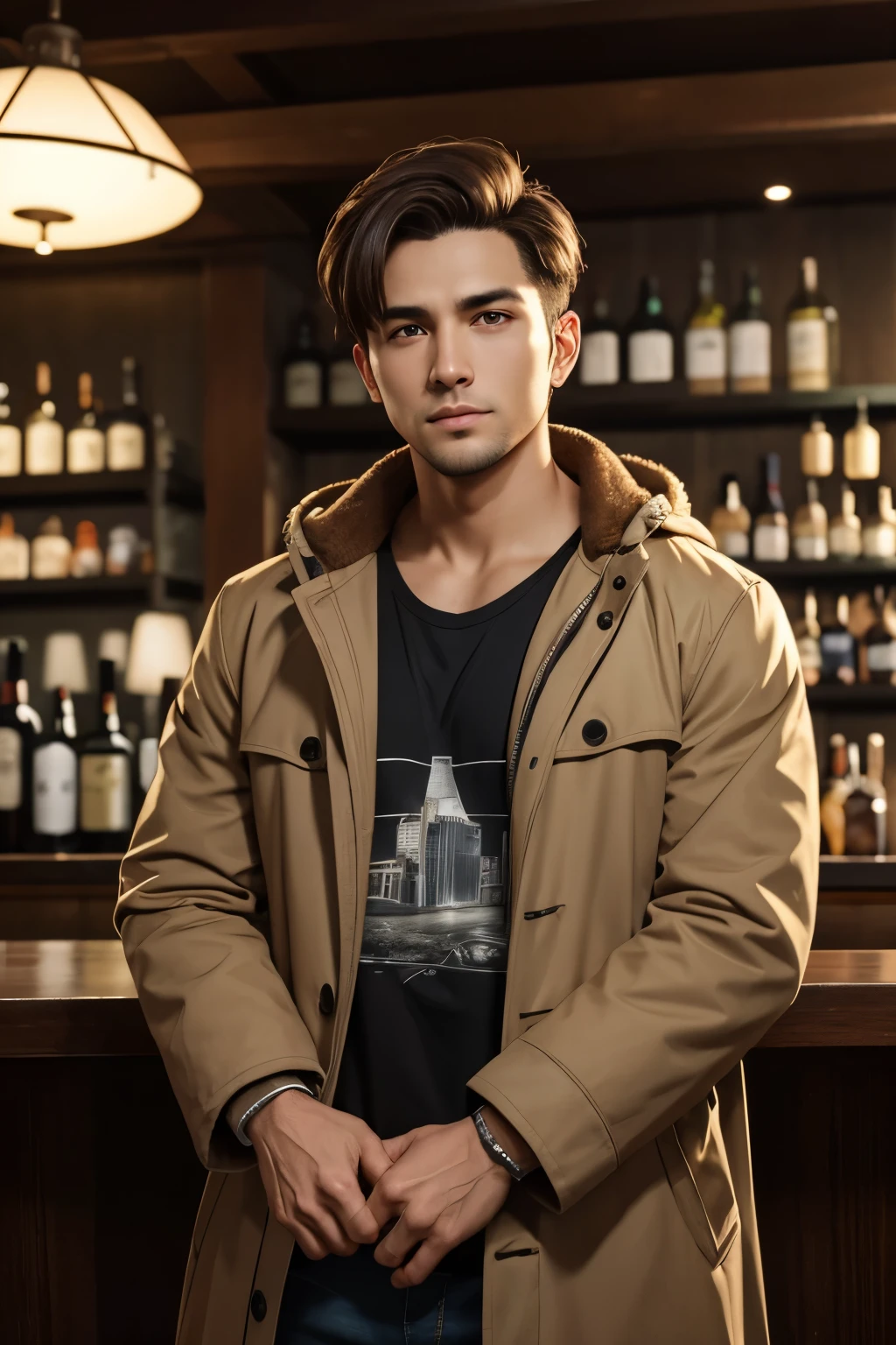 insanely detailed, 16K, male, neutral, standing, looking at viewer, front view, looking ahead, short hair, brown hair, brown eyes, big eyes, wheatish skin, stocky, coat, t-shirt, cap, 20-year-old, 30-year-old, japanese, in the bar, at night, ultra realistic photo, half body photo, vfx