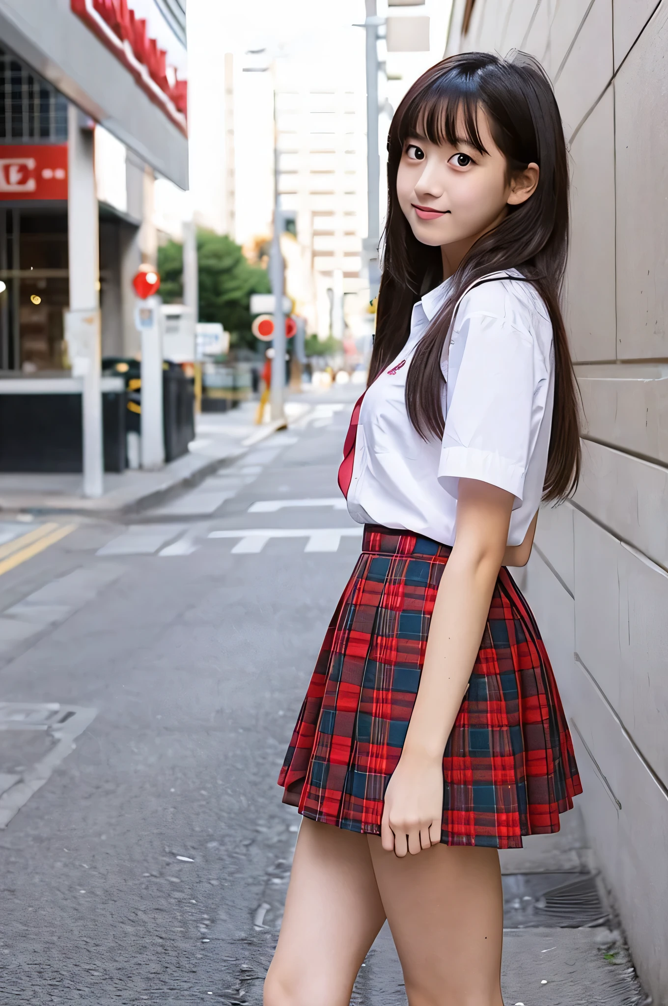 super mini skirt(Red plaid)An 18-year-old high school girl wearing a white shirt.