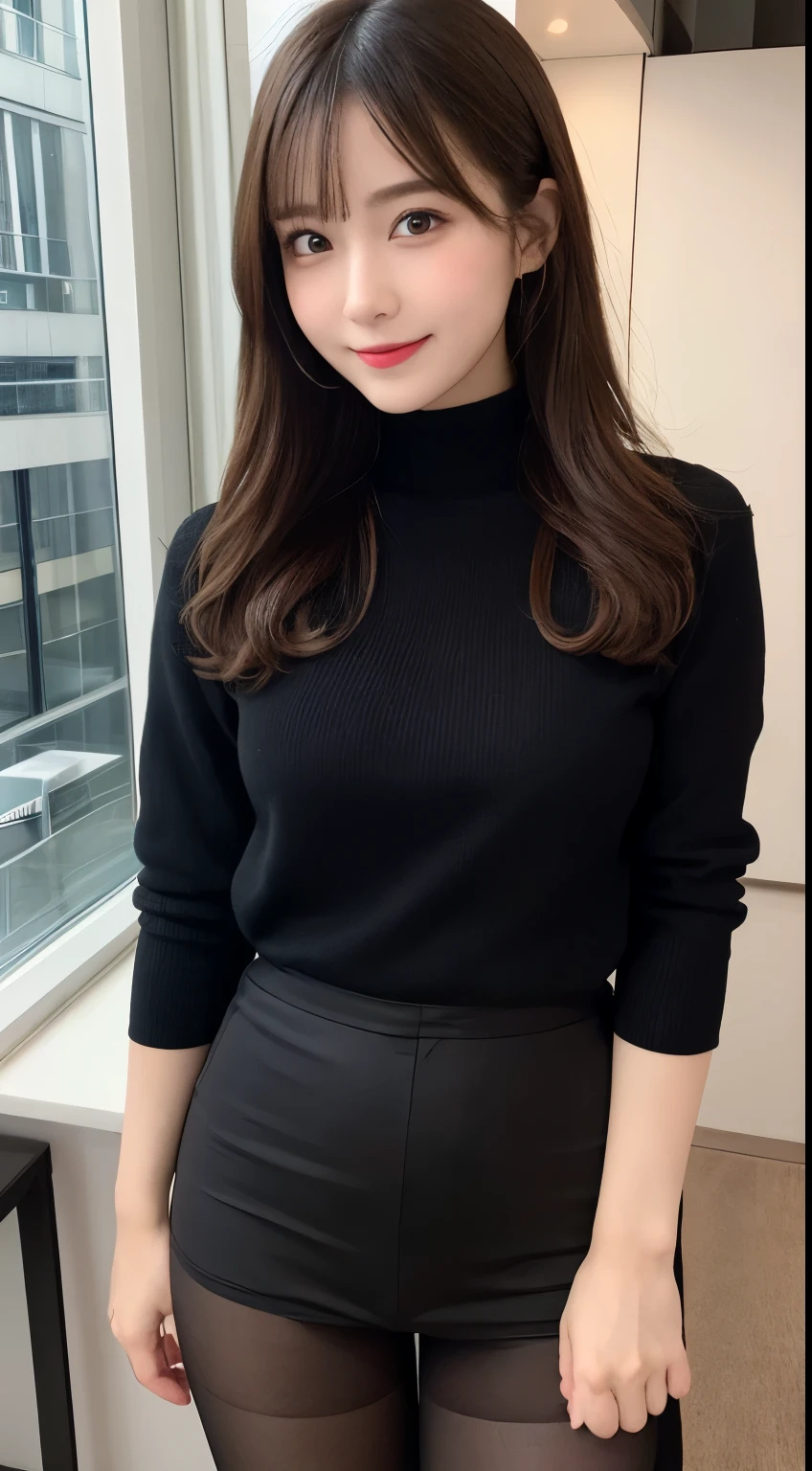 table top, highest quality, shape, Super detailed, finely, High resolution, 8k wallpaper, 完璧なダイナミックな構shape, beautiful and detailed eyes, Gorgeous and stylish black fluffy latest trend Tokyo winter clothes(long sleeve),ランダムなcute髪,small ,natural color lip, bold sexy posmile、20 year old girl、cute、look at the cameraのセクシーショット,Always blur the background,perfect and beautiful face,Take only the face,beautiful and detailed face、slim face and style,Big eyes、Do gal makeup,real photos、Shot from below the knee、Luxury condominiufloor room、look at the camera、black tights、sexy legs