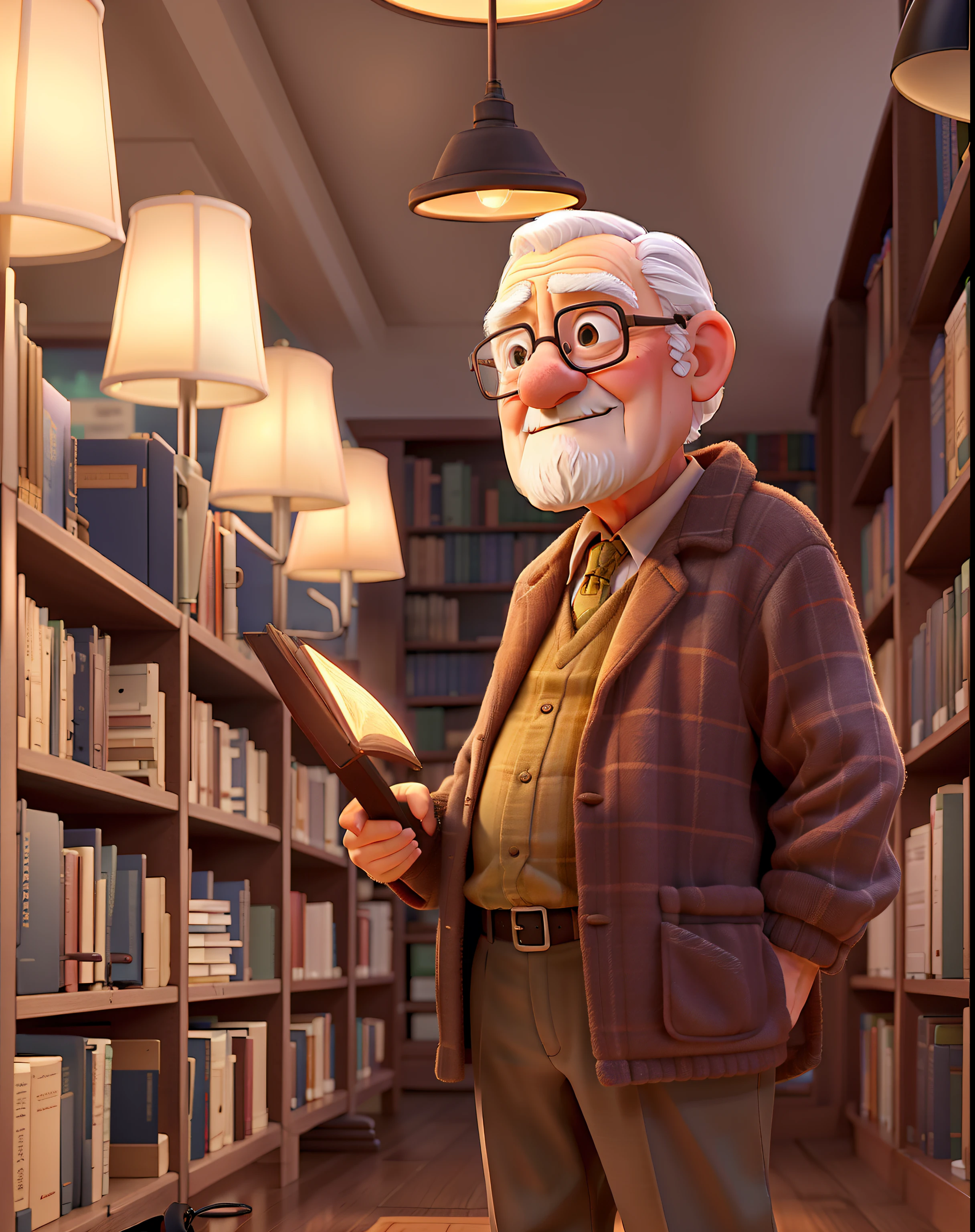 A wise old man standing in front, illuminated by the light of a lamp, tendo como pano de fundo uma biblioteca