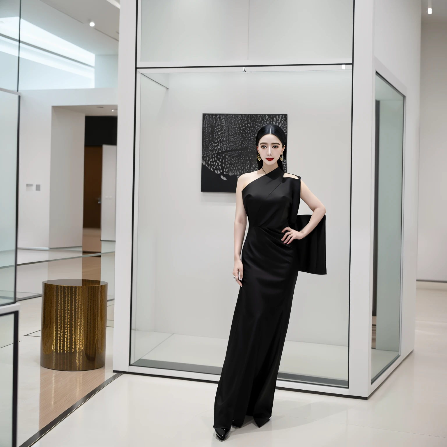 Ms Alafid stands in front of a display case，Shoes in hand, In the art museum], korean artist, Wearing black modern clothes, Inspired by Wang E, wenfei ye, Xision Wu, wearing a camisole and boots, Korean female fashion model, full body xianxia, Inspired by Tang Yifen, Inspired by Wang Lu