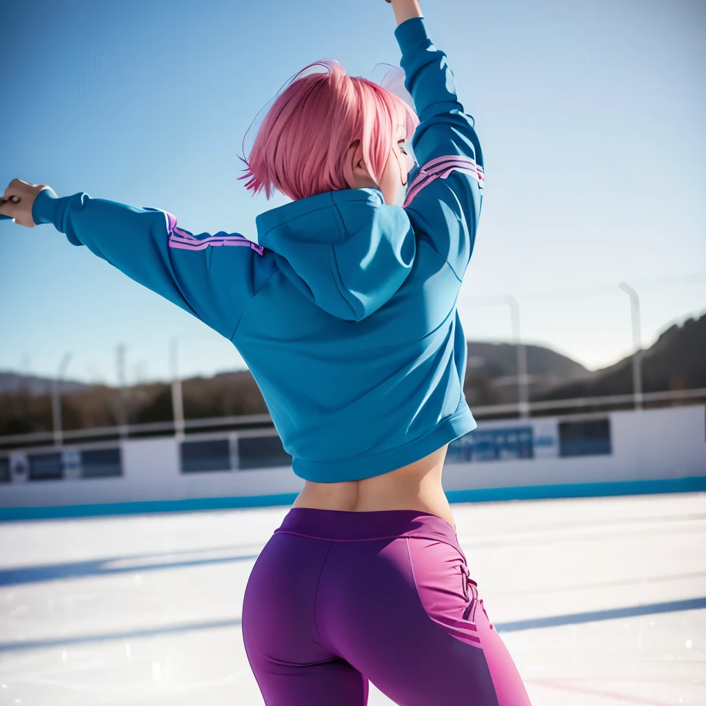 19-years old woman, short blonde-pink hair, sexy joga pants, blue hoodie, ice skating, happy, distance, side view
