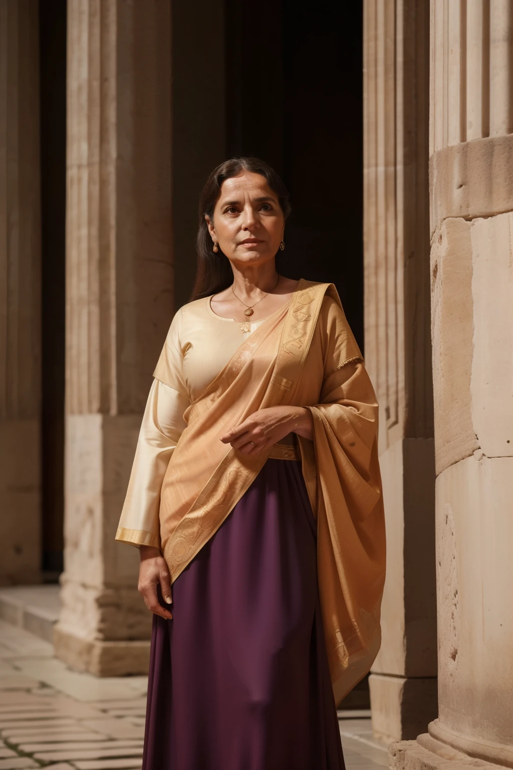 Rome, 77 BC. A ((((43-year-old)) Aurelia Cota)), in the audience, at the sempronius basilic, ((surprised and proud expression)). ((((roman clothings from the 1st century BC))))