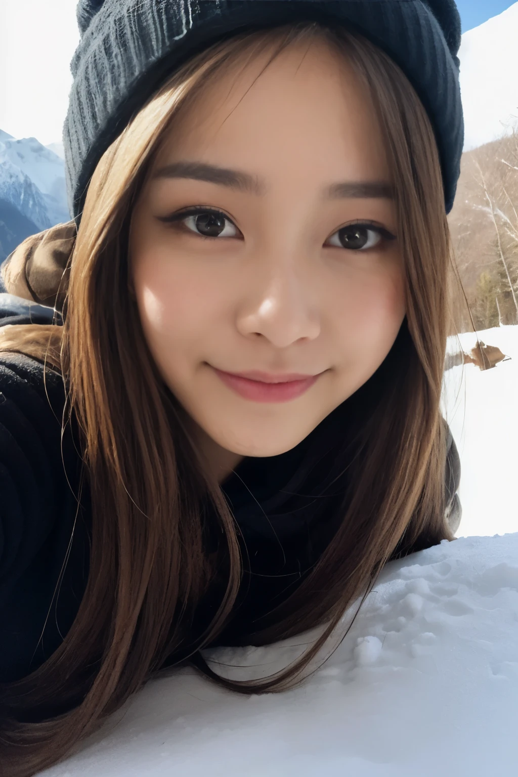 ((Show only the face、close up of face))、(ski wear、lie down on the snow、sunny、knit hat、snow mountain)、cute japanese woman、、high school girl、young girl、Strong sunlight