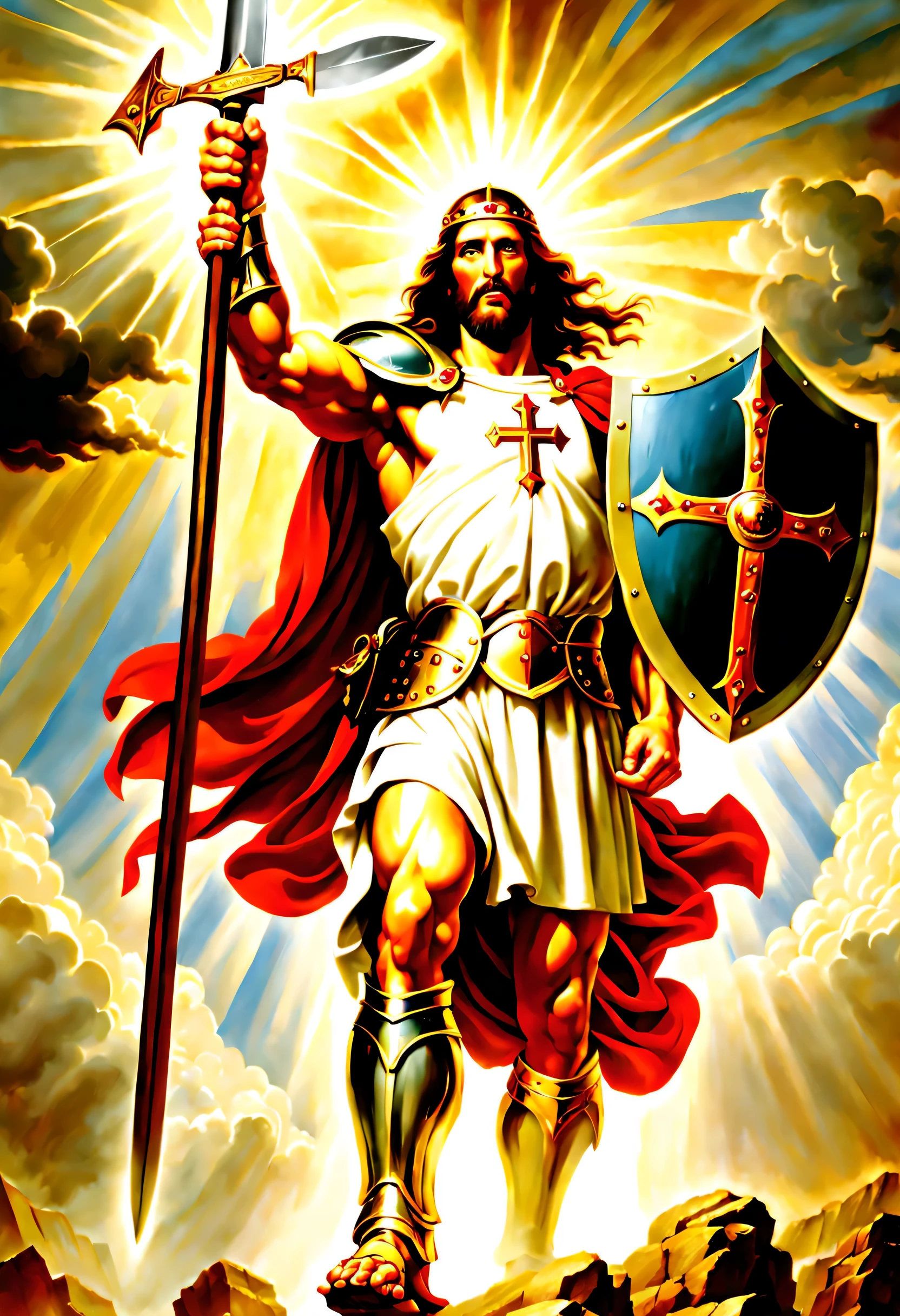 The second coming of Christ as a warrior of God, carrying a shield and sword.