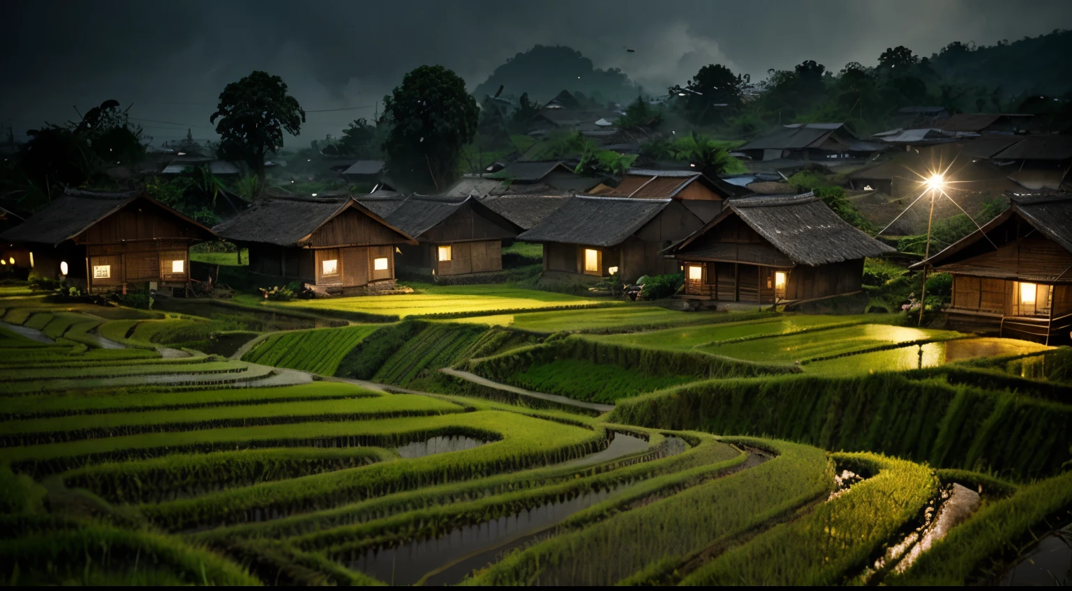 Rain, rice fields, village indonesia, realistic photography, details lighting dramatic